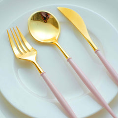 24-Pack Plastic Flatware Set in Metallic Gold with Blush Handle - Heavy Duty Disposable Modern Silverware 8"