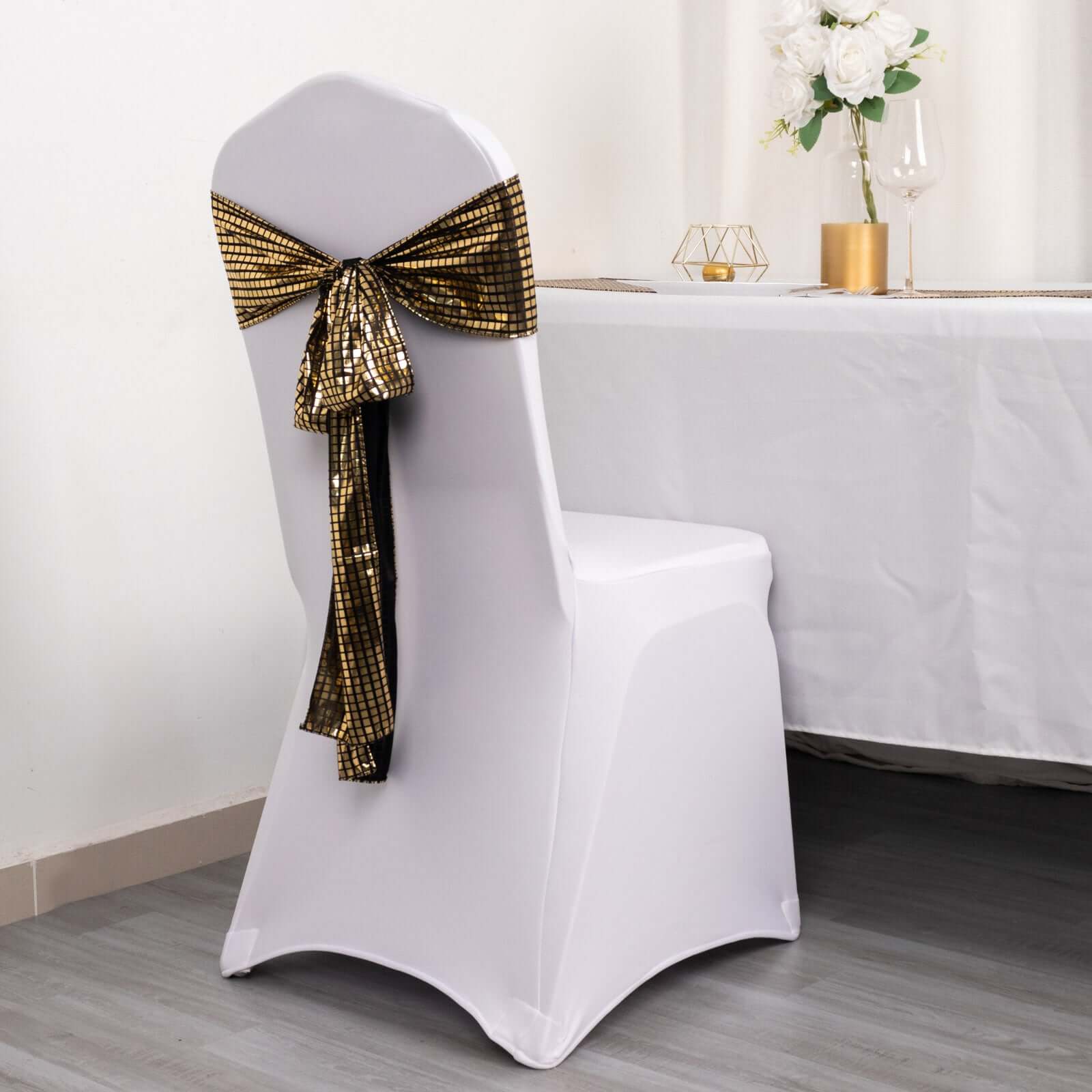 5 Pack Chair Sashes Shiny Foil Polyester 6"x108" Black/Gold - Stylish Disco Mirror Ball Event Decor