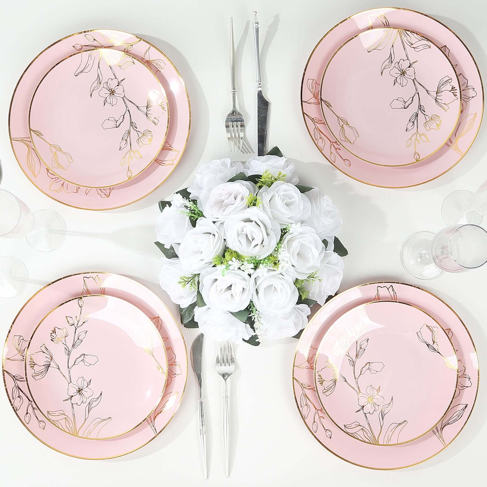 Set of 20 Plastic Round Dinner and Dessert Plates in Dusty Rose with Metallic Gold Floral Design - Stylish Disposable Dinnerware 8", 10"