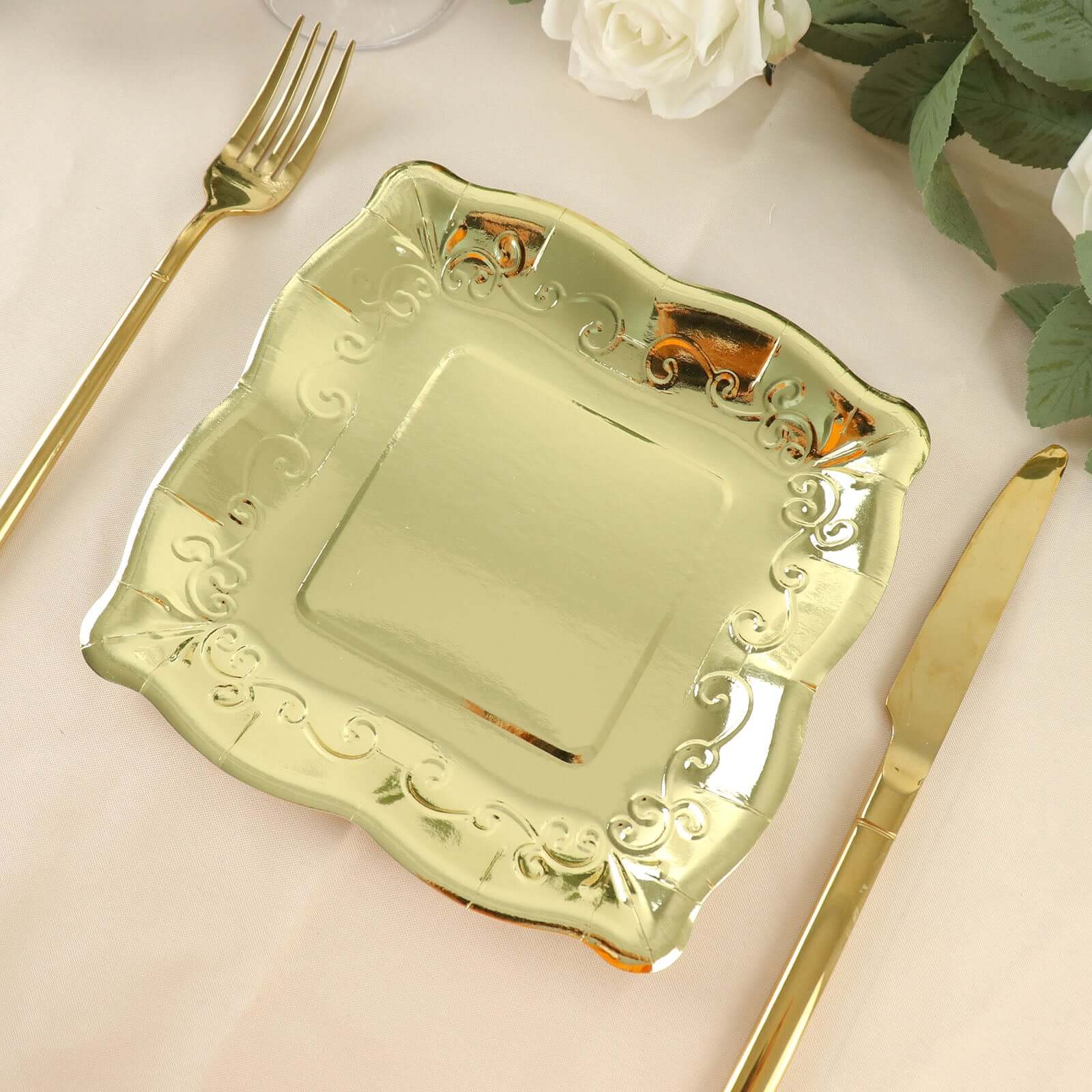 25-Pack Paper 7" Square Dessert Plates in Gold with Vintage Pottery Embossed Design - Shiny Metallic Disposable Appetizer Plates for Luxe Gatherings & Celebrations