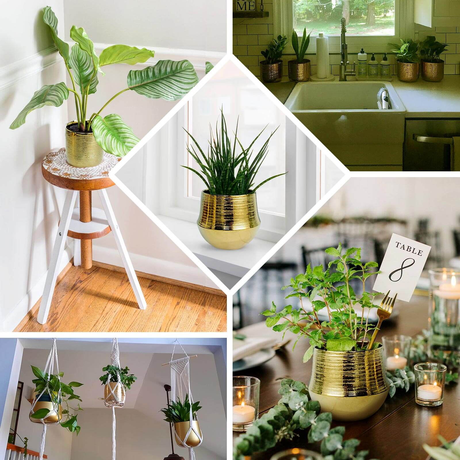 2-Pack Flower Plant Pots Textured Round Design Metallic Gold - Ceramic Cylindrical Indoor Planters 5"