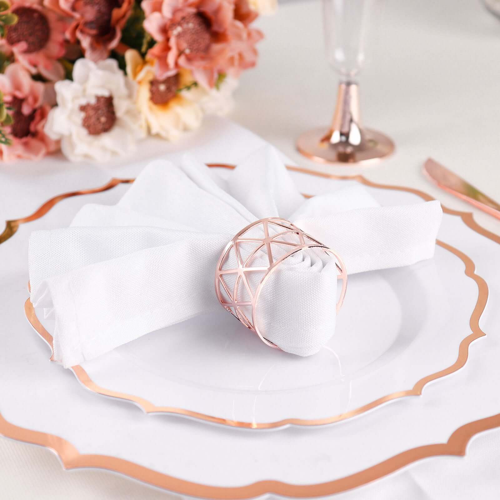 5 Pack Metallic Blush Rose Gold Geometric Napkin Rings, Paper Napkin Holders