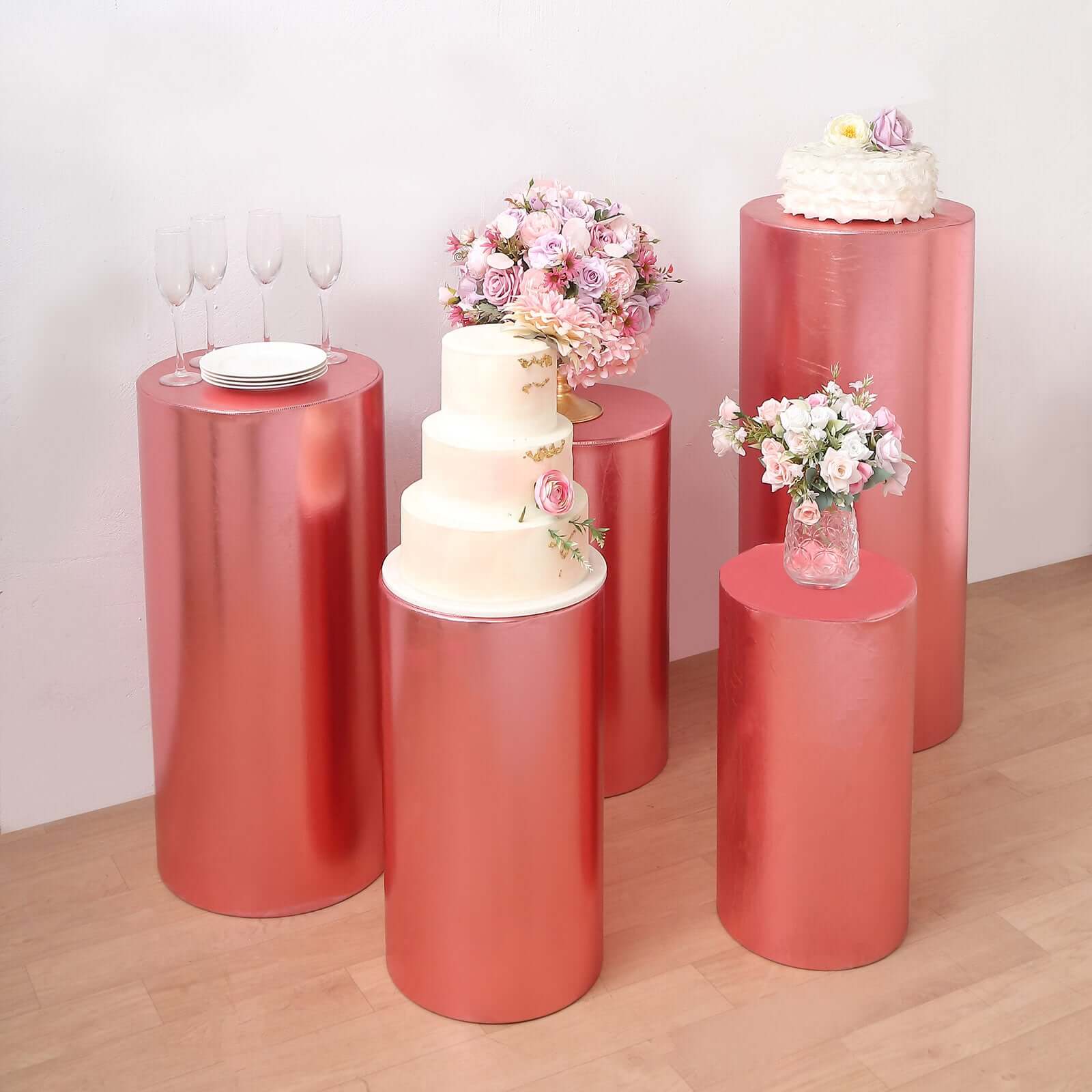 Set of 5 Metallic Rose Gold Spandex Cylinder Pedestal Stand Covers, Shiny Stretchable Pillar Prop Covers - 130 GSM