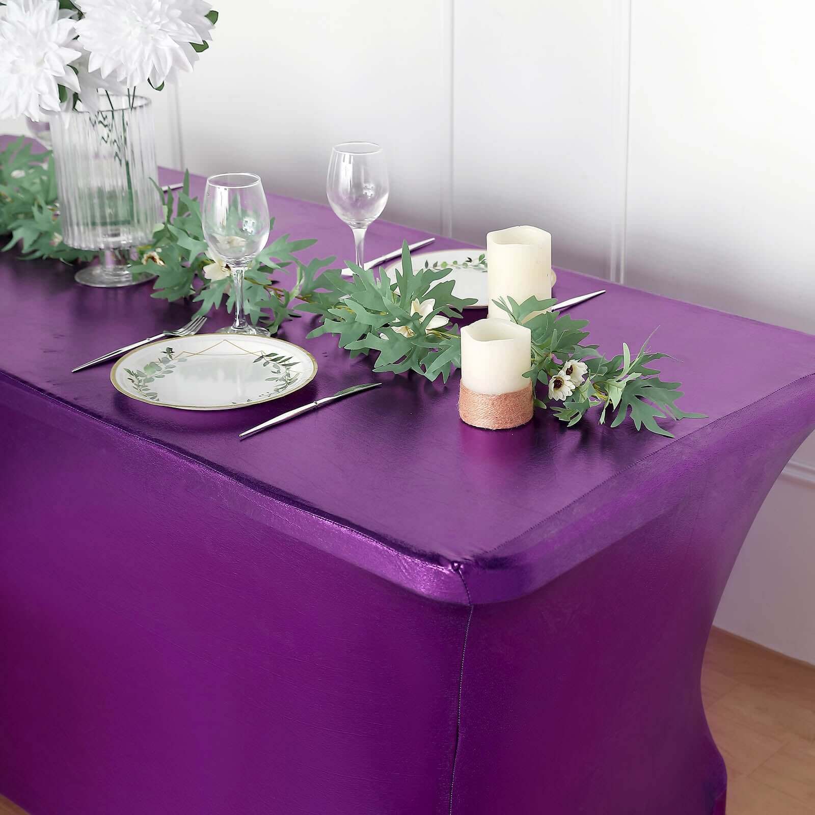 Metallic Purple Stretch Spandex Rectangle Tablecloth 6ft Wrinkle Free Fitted Table Cover for 72"x30" Tables