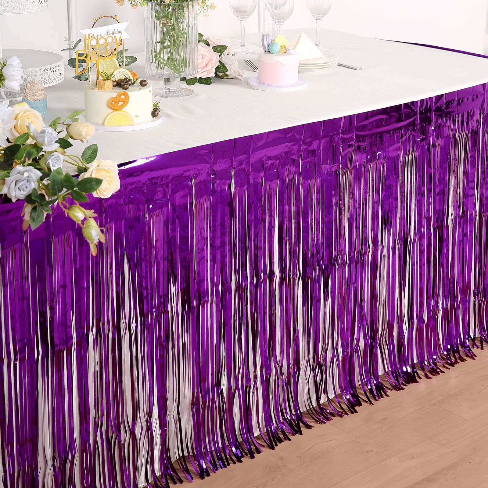 30"x9ft Purple Metallic Foil Fringe Table Skirt, Self Adhesive Tinsel Table Skirt