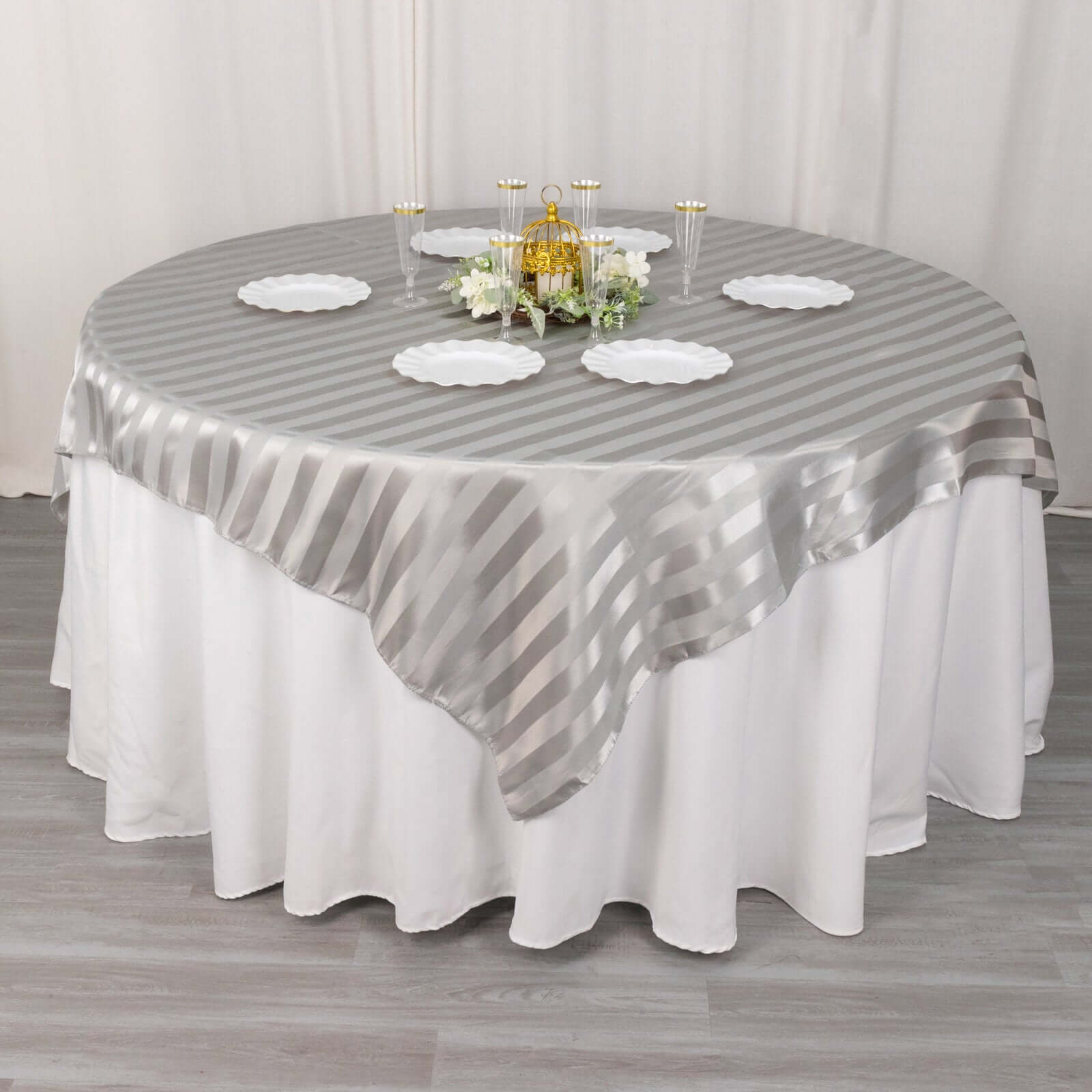 Satin 72"x72" Table Overlay Square Tablecloth Silver - Stripe Table Topper