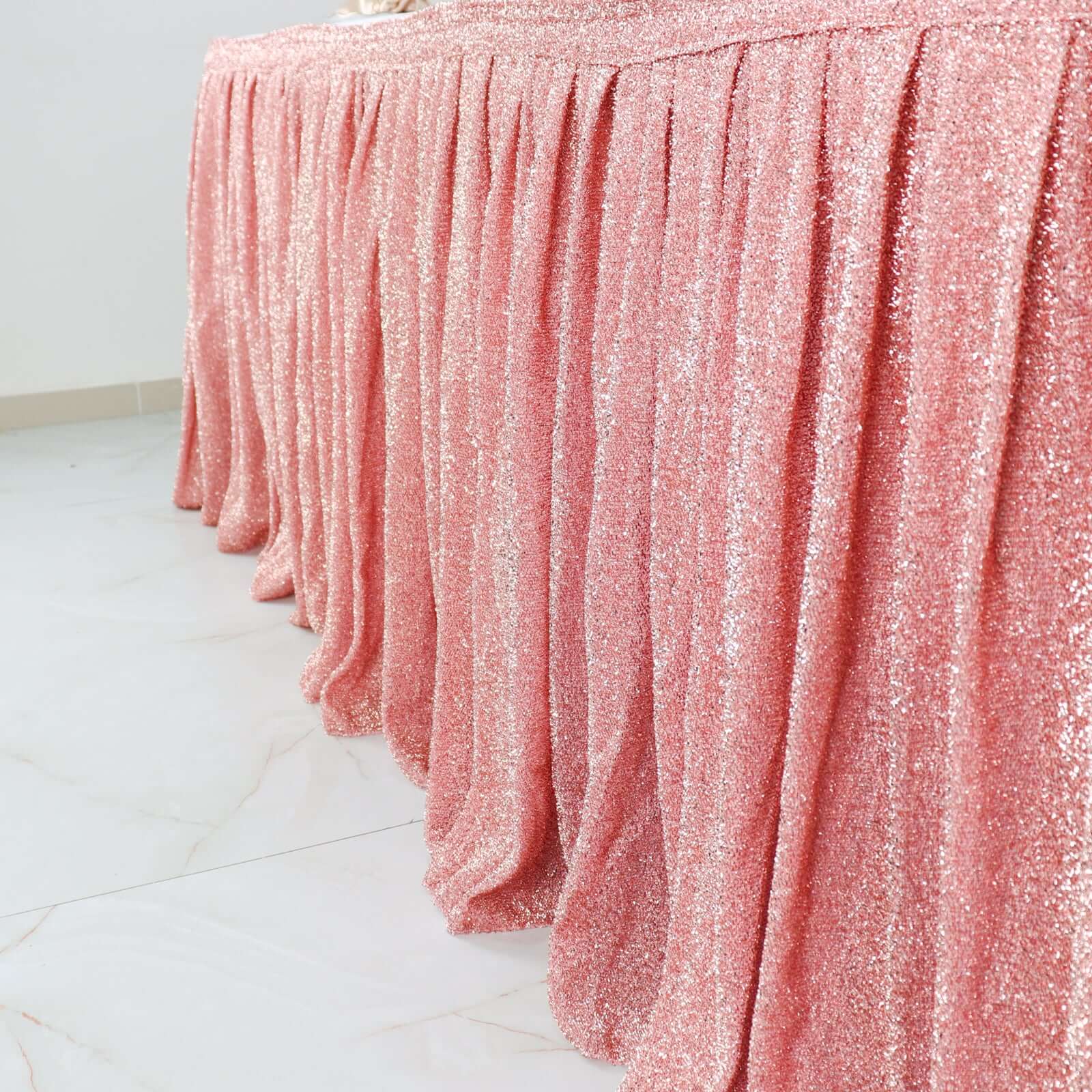 Spandex 17ft Table Skirt Rose Gold Pleated Metallic Shimmer Tinsel with Top Velcro Strip Table Cover