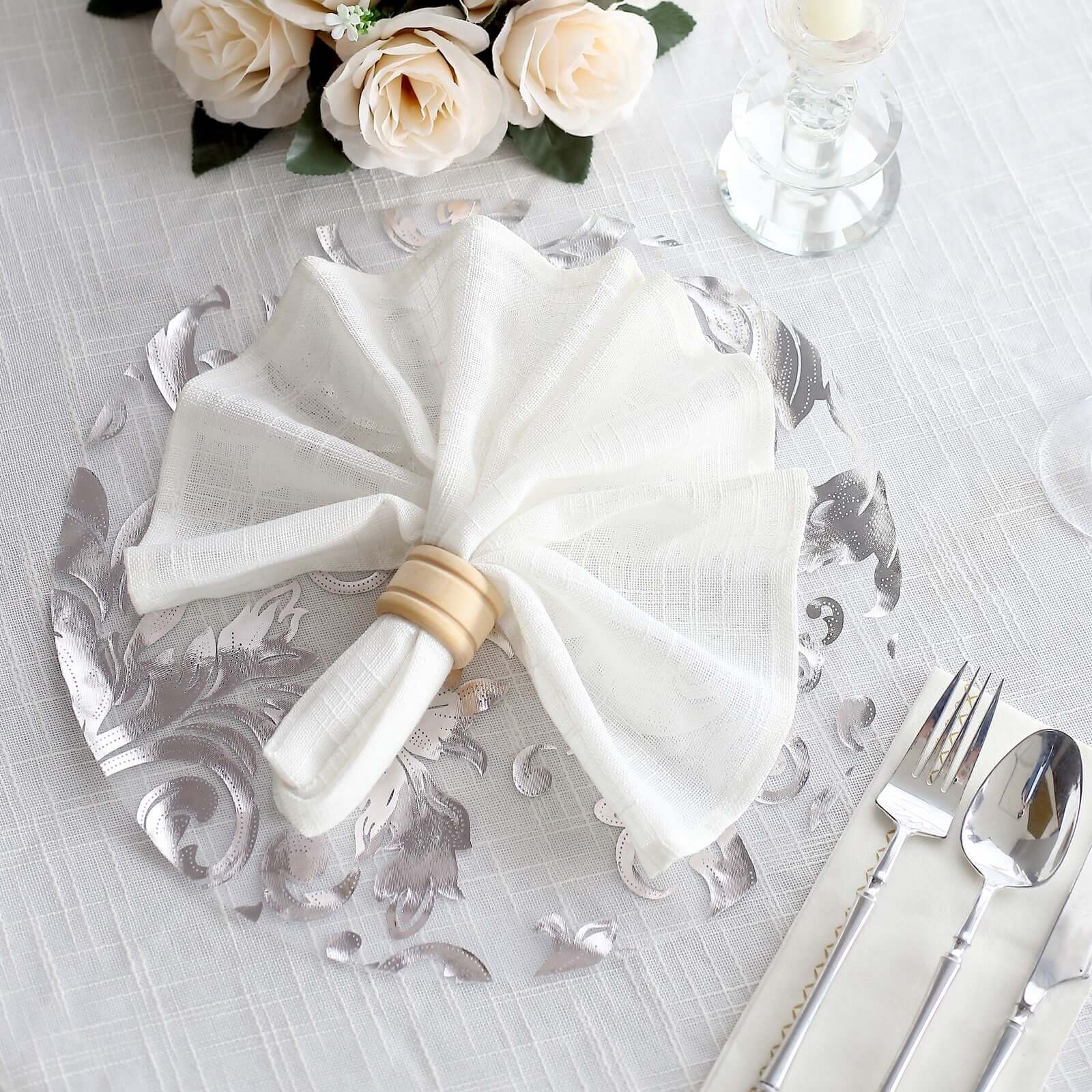 10-Pack Table Placemats Swirl Foil Floral Design Metallic Silver Round - Sheer Organza Disposable Mats 13"