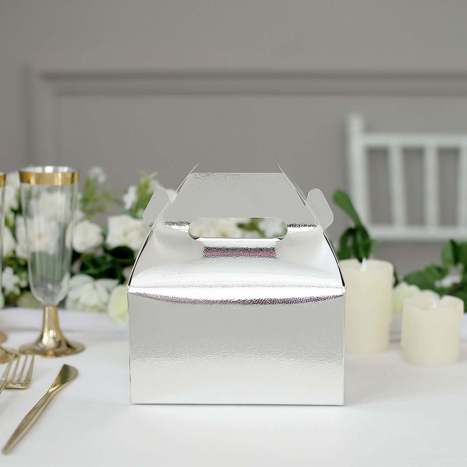 25 Pack Metallic Silver Candy Gift Tote Gable Boxes, Party Favor Treat Bags - 6"x3.5"x7"