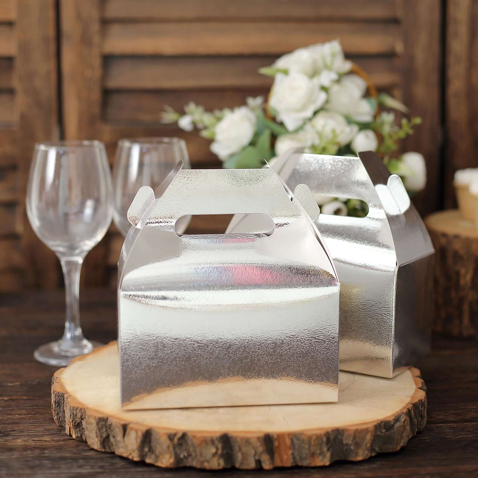 25 Pack Metallic Silver Candy Gift Tote Gable Boxes, Party Favor Treat Bags - 6"x3.5"x7"