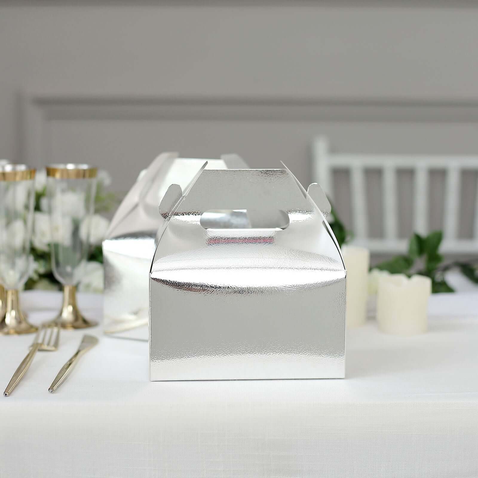 25 Pack Metallic Silver Candy Gift Tote Gable Boxes, Party Favor Treat Bags - 6"x3.5"x7"