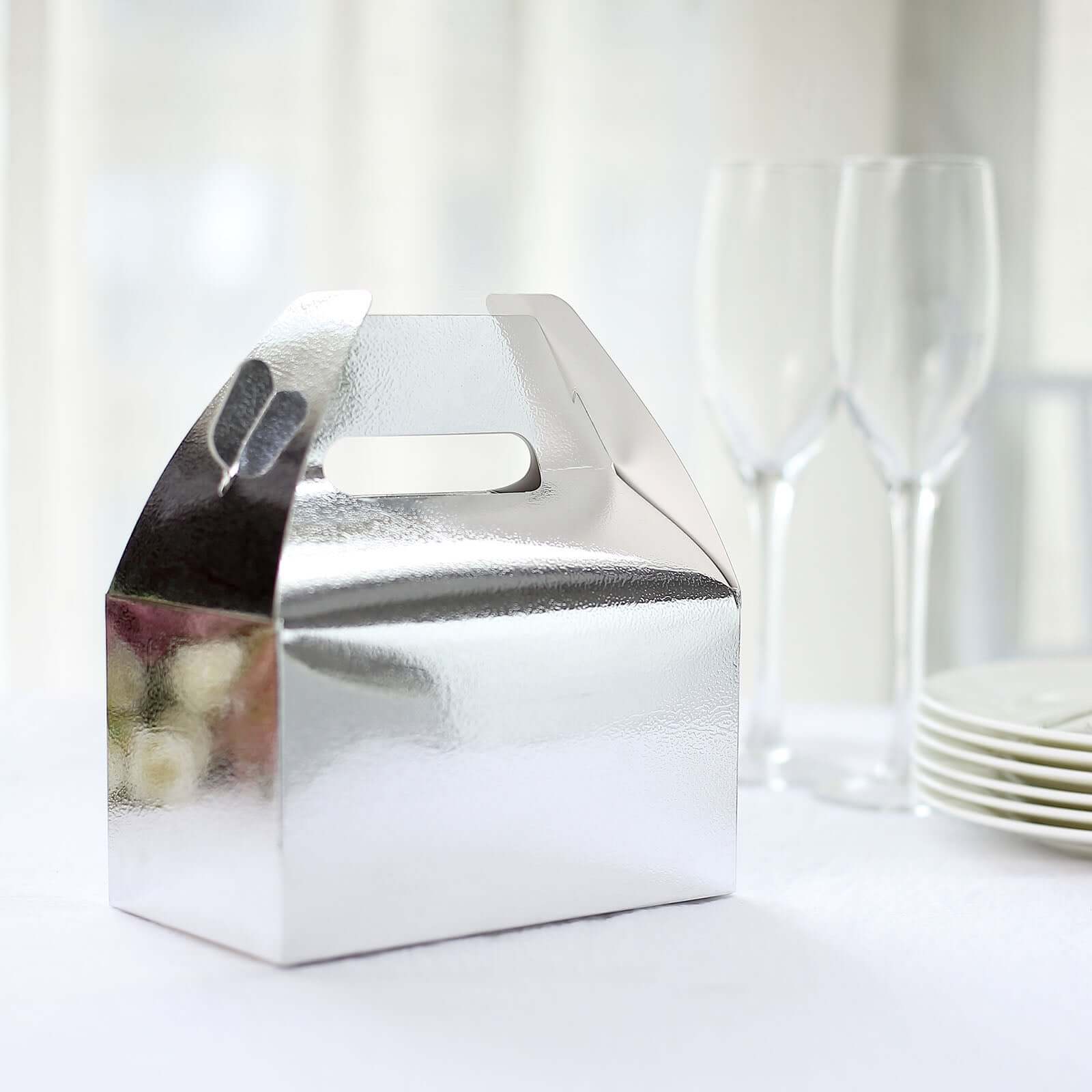 25 Pack Metallic Silver Candy Gift Tote Gable Boxes, Party Favor Treat Bags - 6"x3.5"x7"