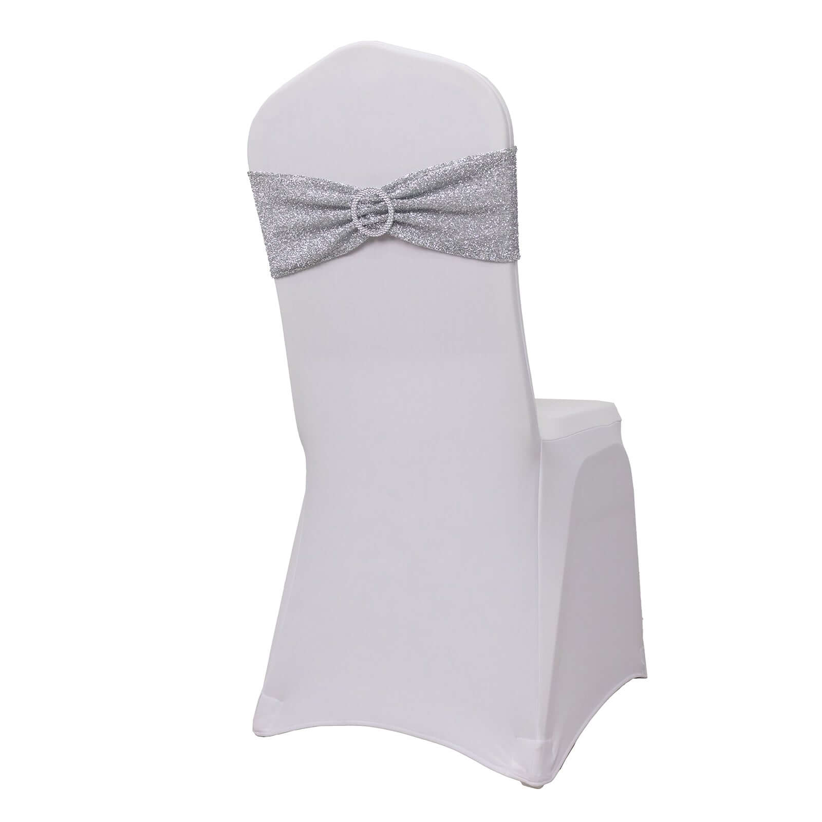 5 Pack Chair Sashes Shimmer Tinsel Spandex 5"x12" with Silver Rhinestone Buckles Silver - Stylish Decor for Weddings