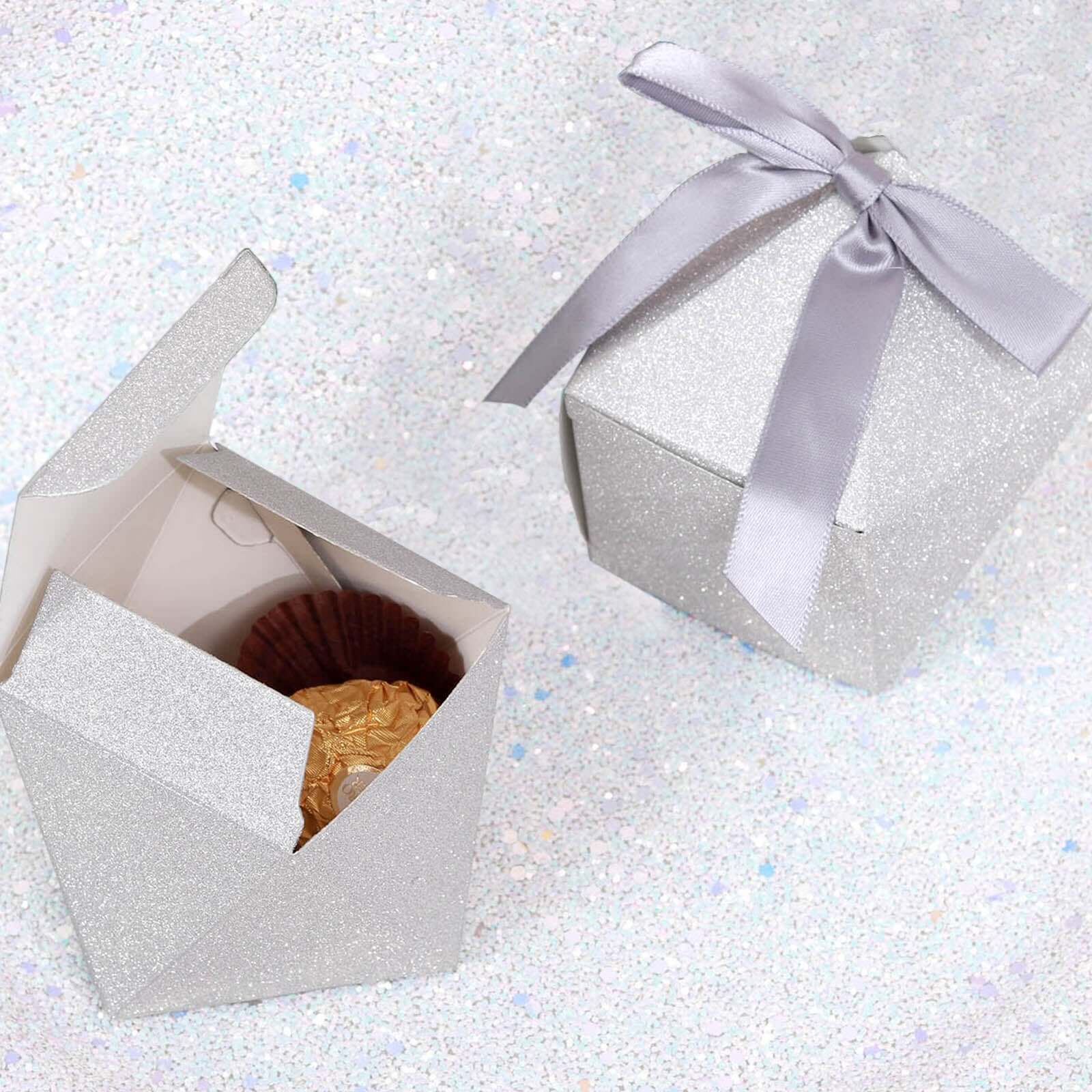 25 Pack 2"x3" Geometric Silver Glitter Wedding Favor Candy Gift Box