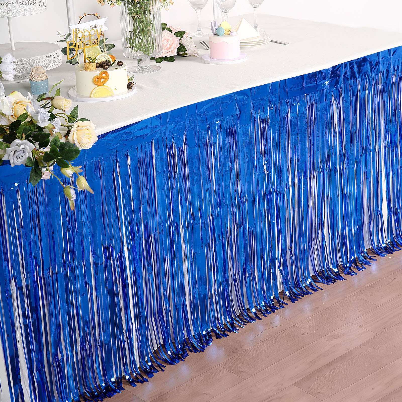 Metallic Foil Fringe Table Skirt Royal Blue with Self Adhesive Backing - Durable Tinsel Skirt for Parties 30"x9ft