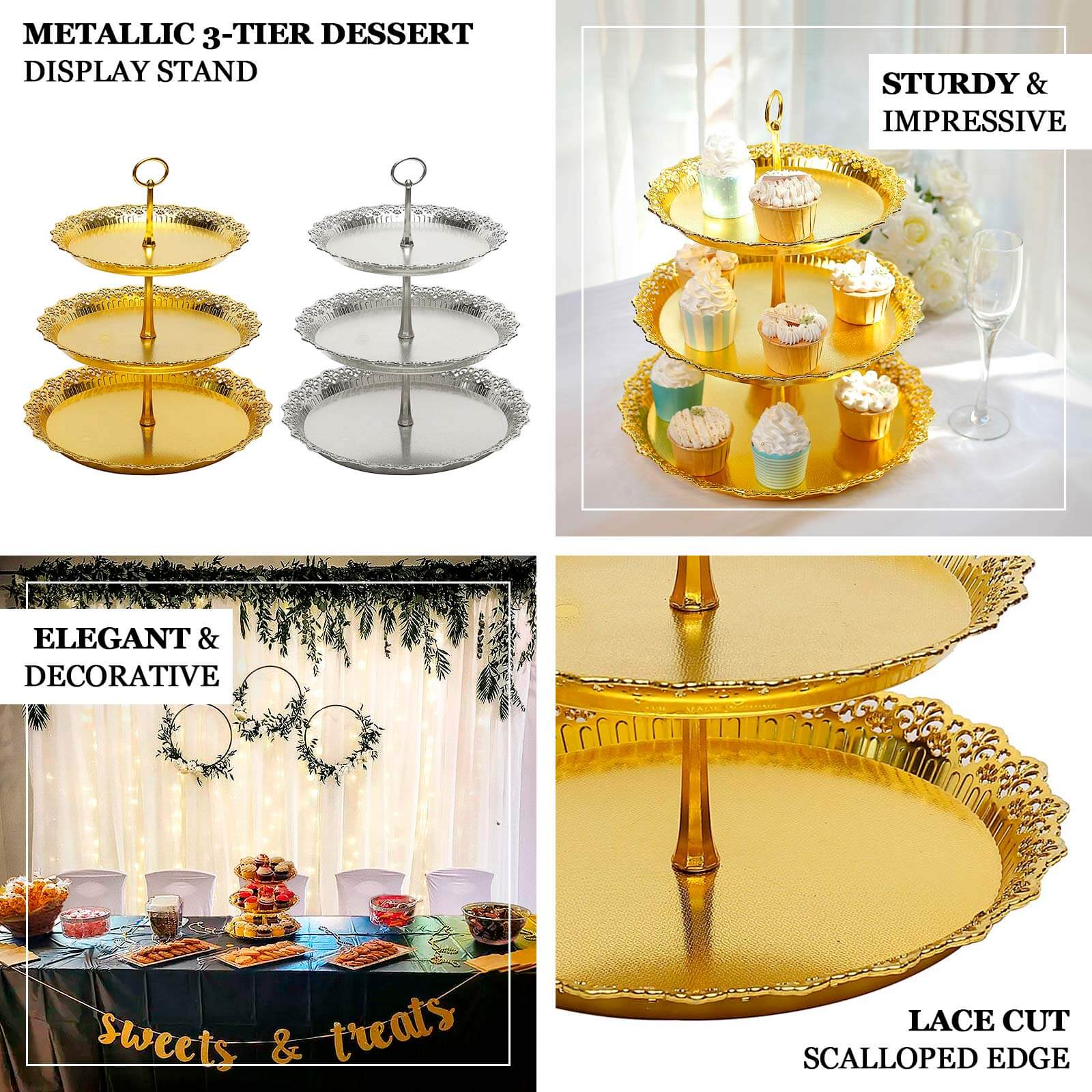 3-Tier Plastic Round Cupcake Stand 15" White with Lace Gold Rim Scalloped Edges - Multifunctional Space Saving Dessert Display Tower Pastry Serving Tray for Classy Events
