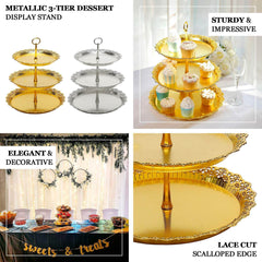 3-Tier Plastic Round Cupcake Stand 15" White with Lace Gold Rim Scalloped Edges - Multifunctional Space Saving Dessert Display Tower Pastry Serving Tray for Classy Events