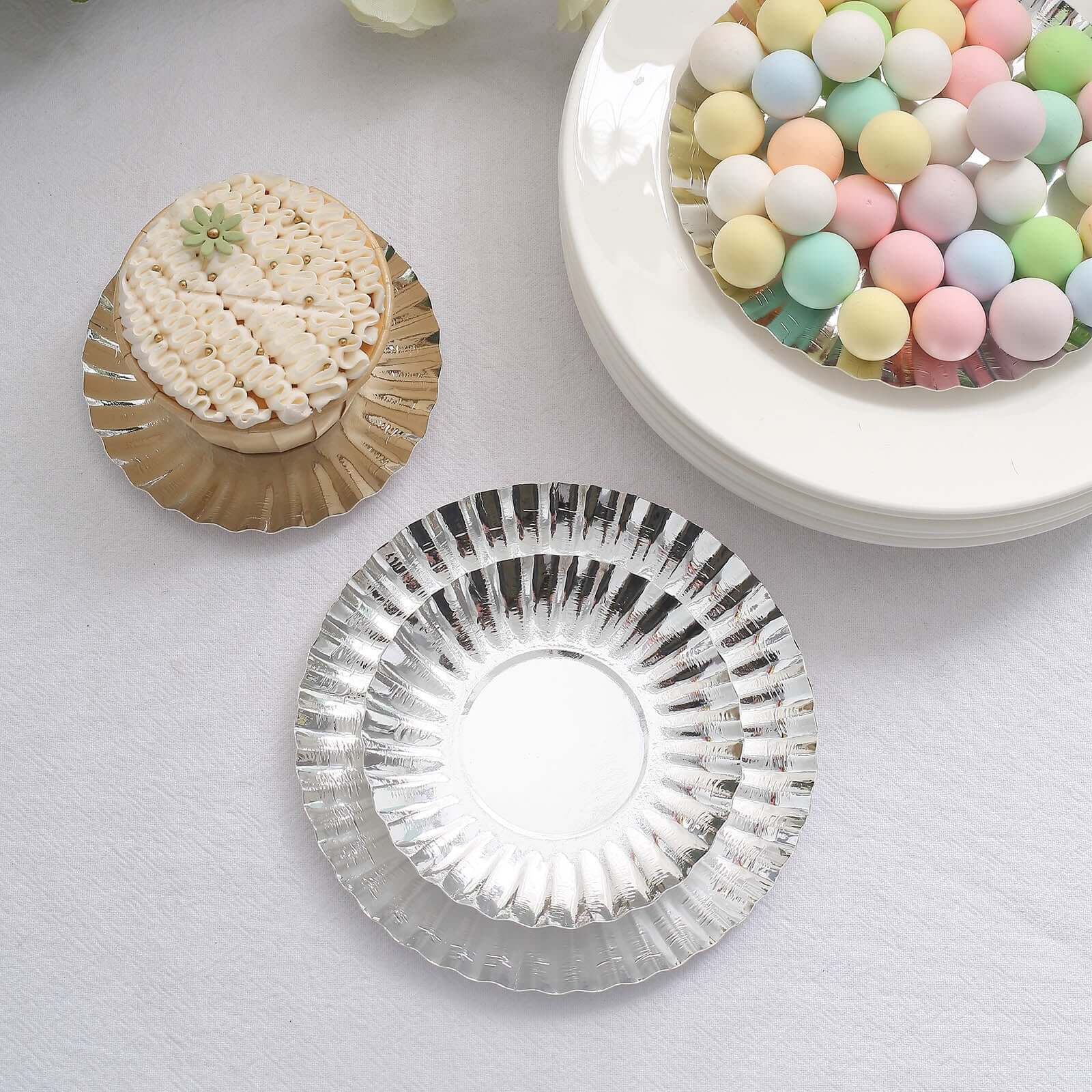 50-Pack Paper 5" Round Dessert Plates in Metallic Silver with Scalloped Rim - Disposable 250GSM Appetizer Party Plates