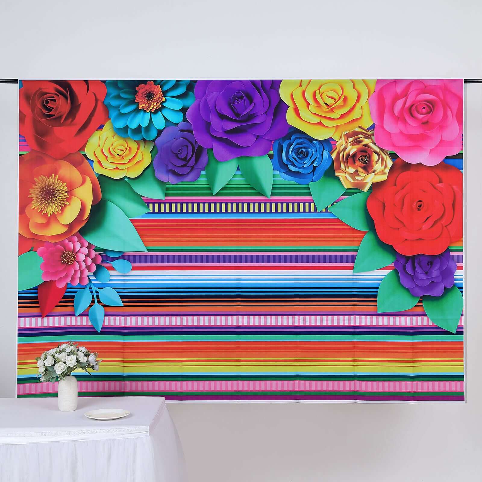 5ftx7ft Colorful Cinco De Mayo Fiesta Vinyl Photography Backdrop, Mexican Themed Multi-Color Striped Paper Flowers Photo Booth Background