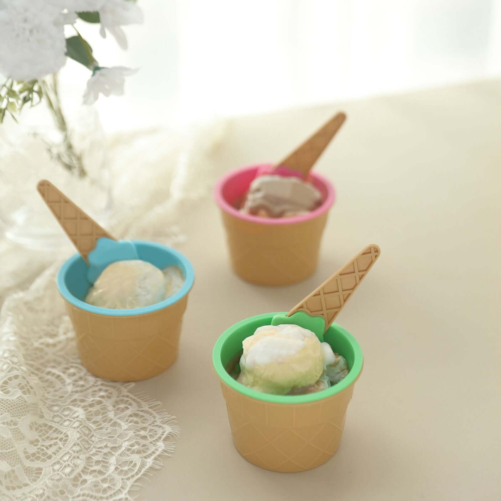 Set of 6 Plastic Dessert Cups Waffle Design Blue, Green, Pink - Includes Matching Spoons 5oz