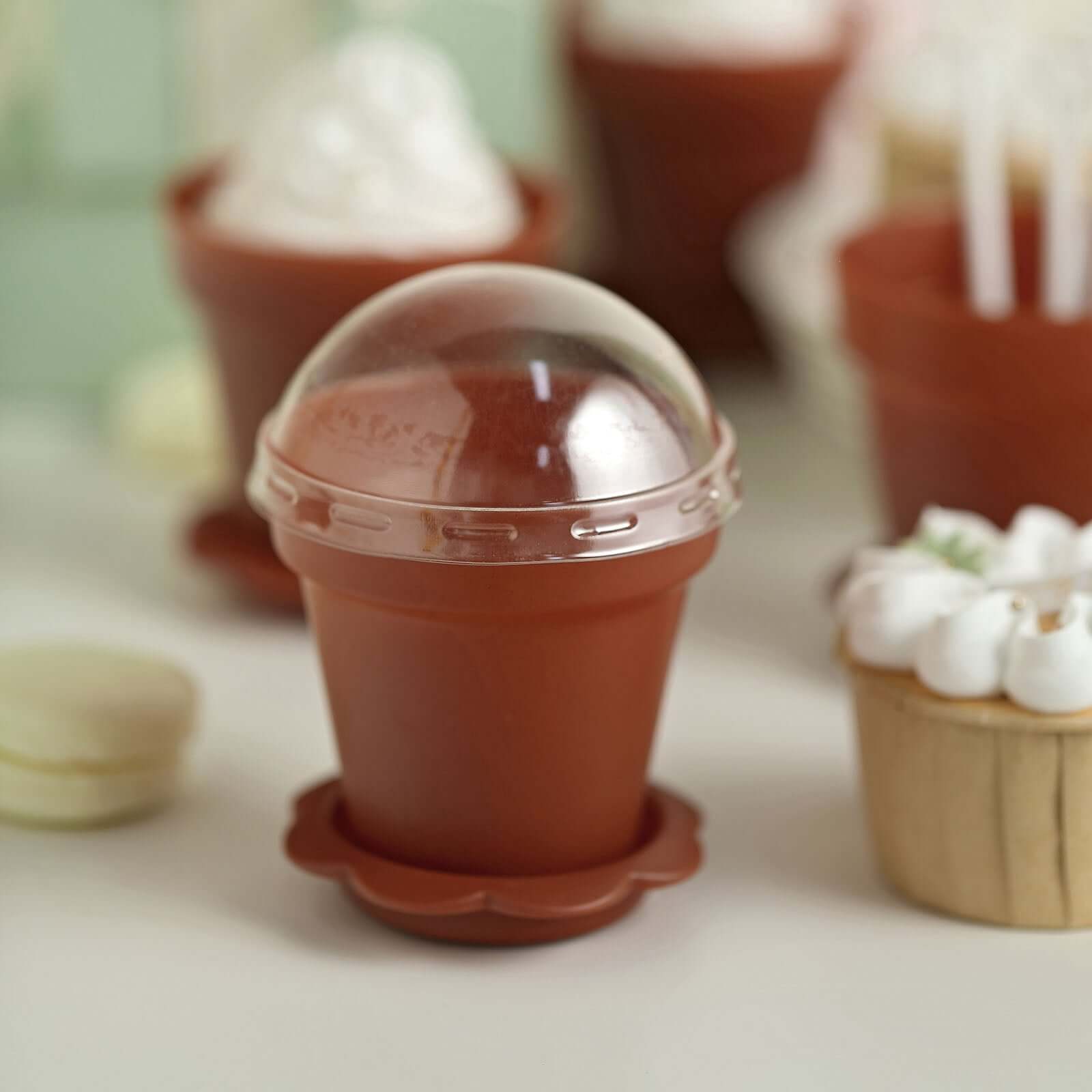 12-Pack Dessert Cups Succulent Planter Design Terracotta (Rust) - Plastic Serving Cups with Lids and Shovels 4"