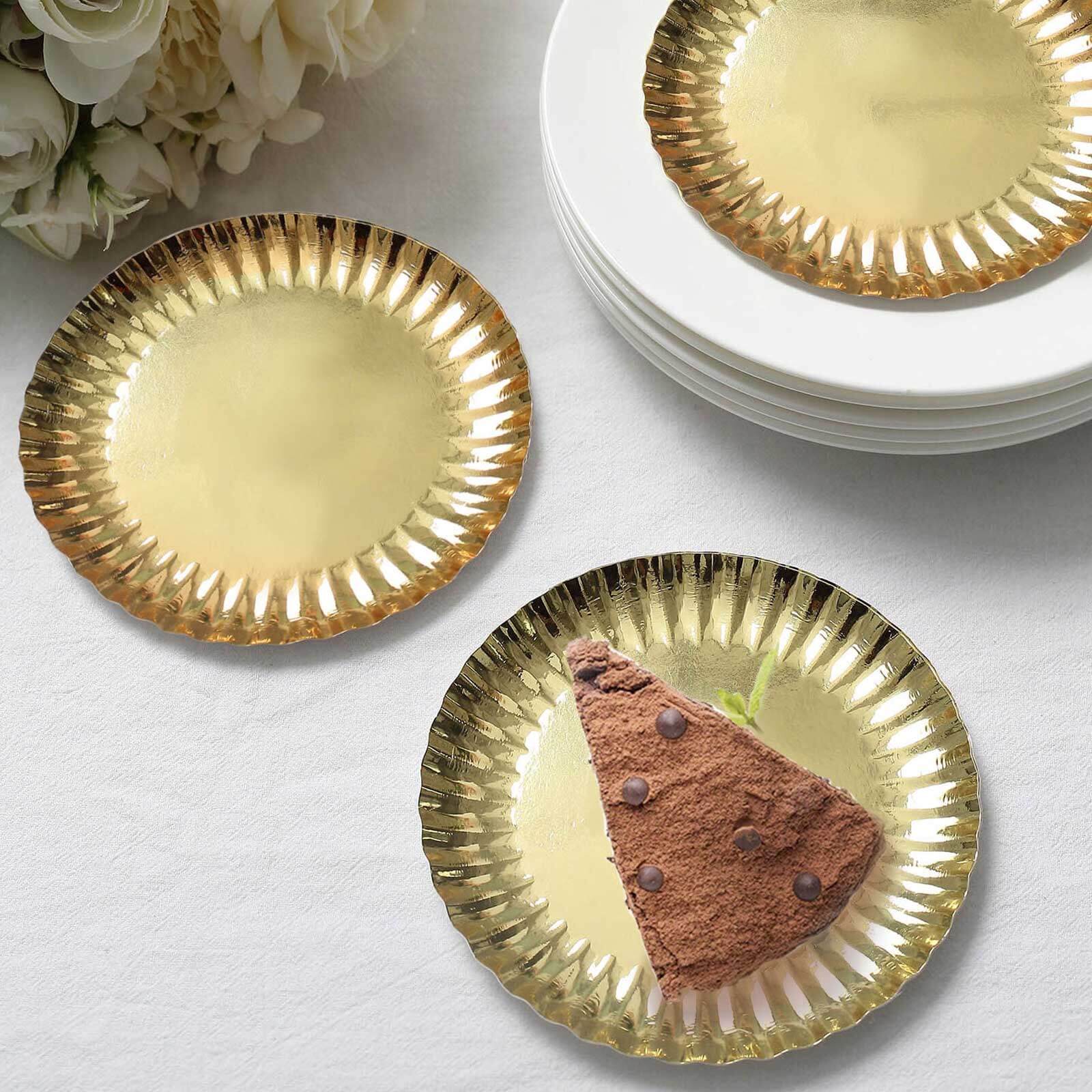 50-Pack Paper 5" Round Dessert Plates in Metallic Gold with Scalloped Rim - Disposable 250GSM Appetizer Party Plates for Banquets & Upscale Gatherings