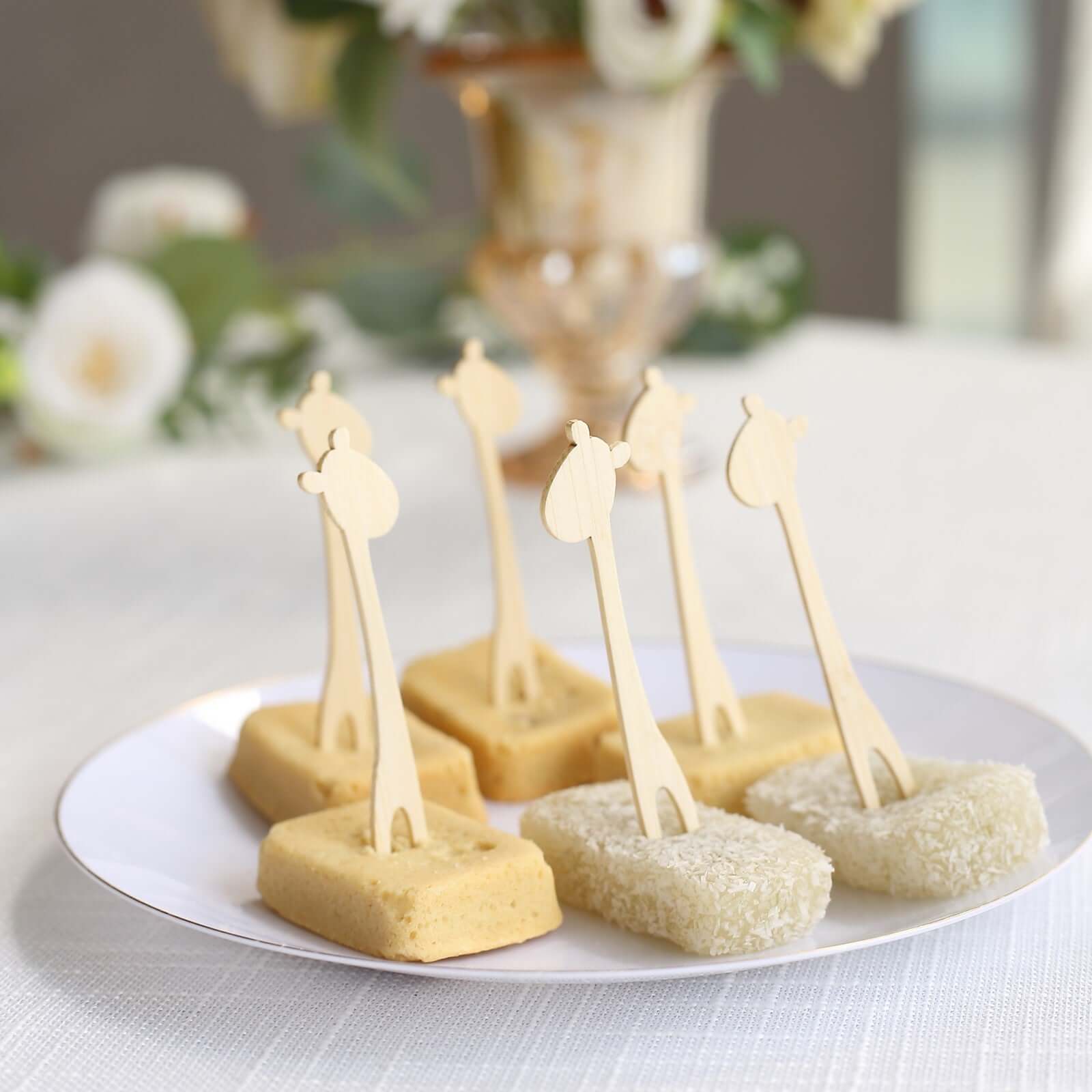 100-Pack Bamboo Cocktail Picks Giraffe Mini Forks Double Pronged Design Natural - Biodegradable Eco Friendly Party Supplies 4"