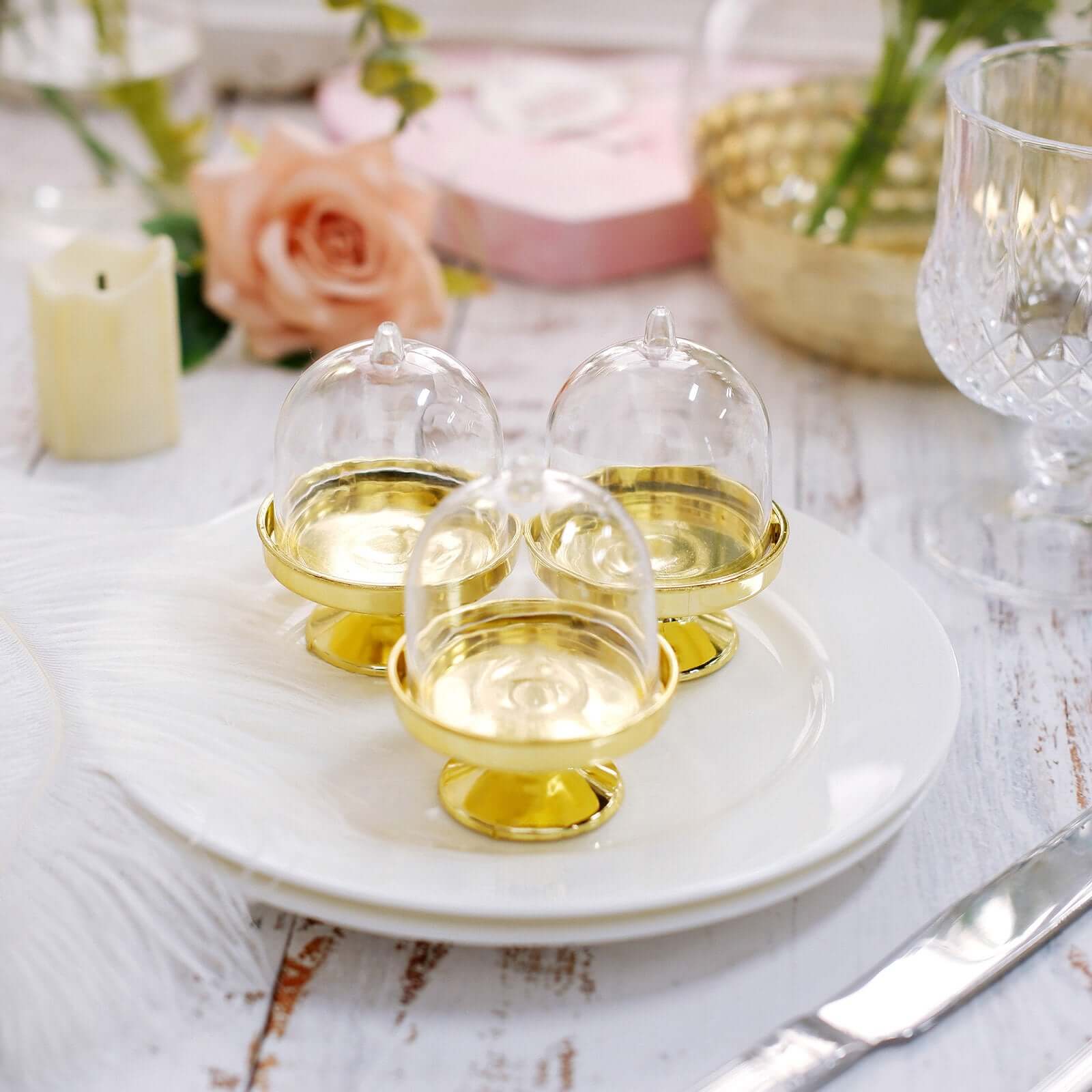 12-Pack Fillable Mini Pedestal Candy Container Clear/Gold- Stylish Candy Treat Favor Containers with Dome Lid 3"