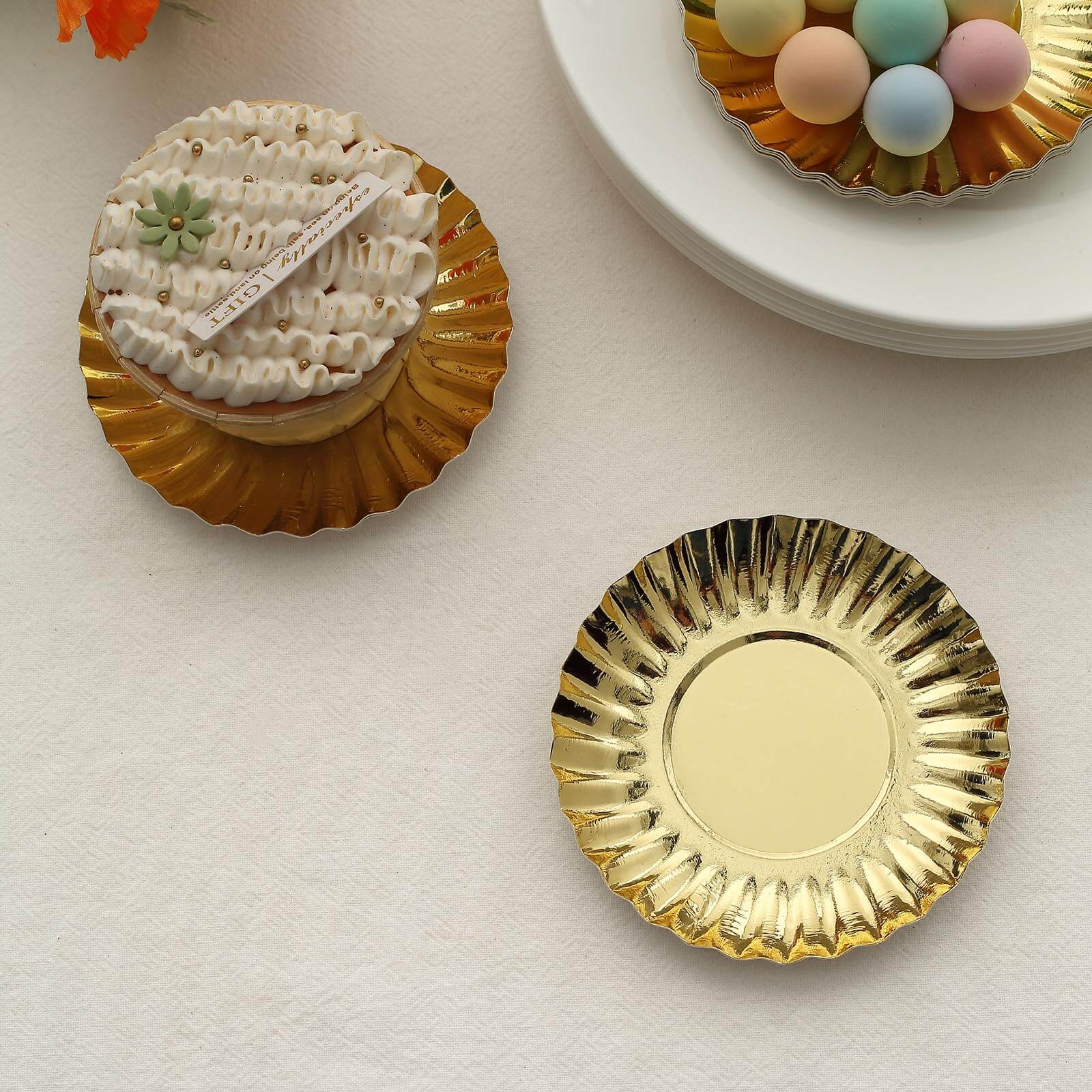 50-Pack Paper 3.5" Round Party Plates in Metallic Gold with Scalloped Rim - Disposable Mini 250GSM Dessert Plates for Tapas, Appetizers & Finger Foods