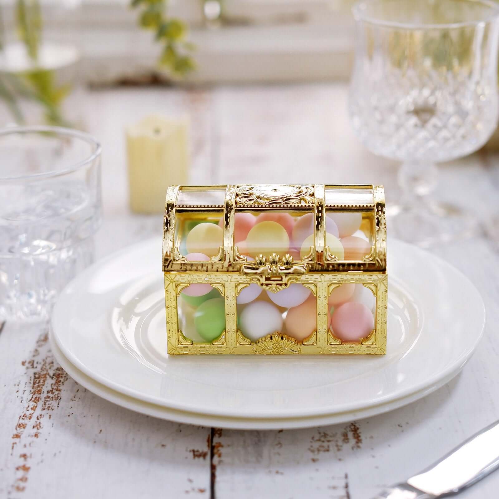 12-Pack Vintage Jewelry Box Candy Containers Clear Gold - Stylish Treasure Chest Favor Boxes 3.5"
