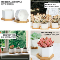 6-Pack Planter Pots Geometric Hexagon Design White - Ceramic Pots with Bamboo Tray and Removable Bottom 3"