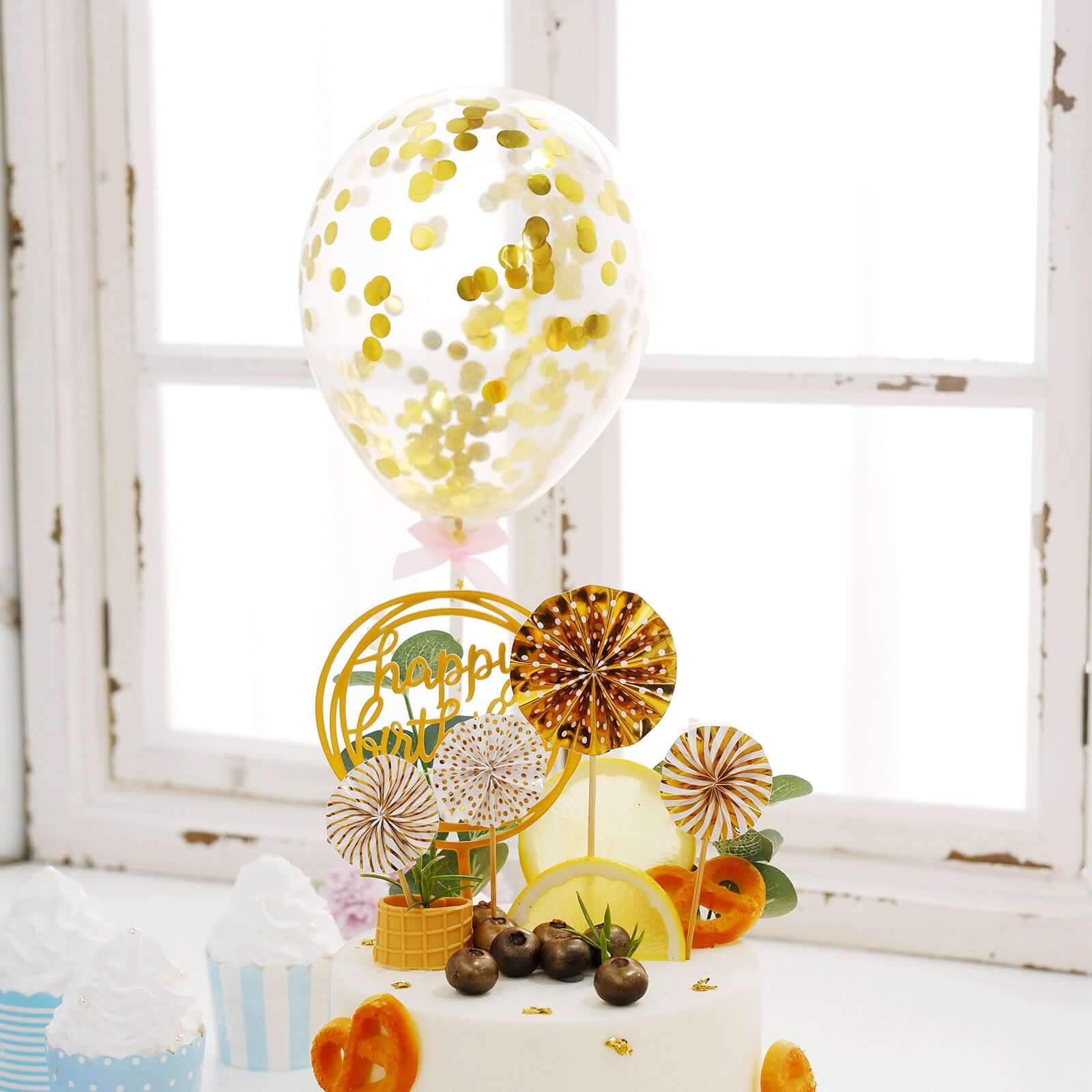 6 Pcs Happy Birthday Cake Topper Gold/White - Fun Cake Decoration with 4 Mini Paper Fans & Confetti Balloon for Themed Parties & Special Occasions