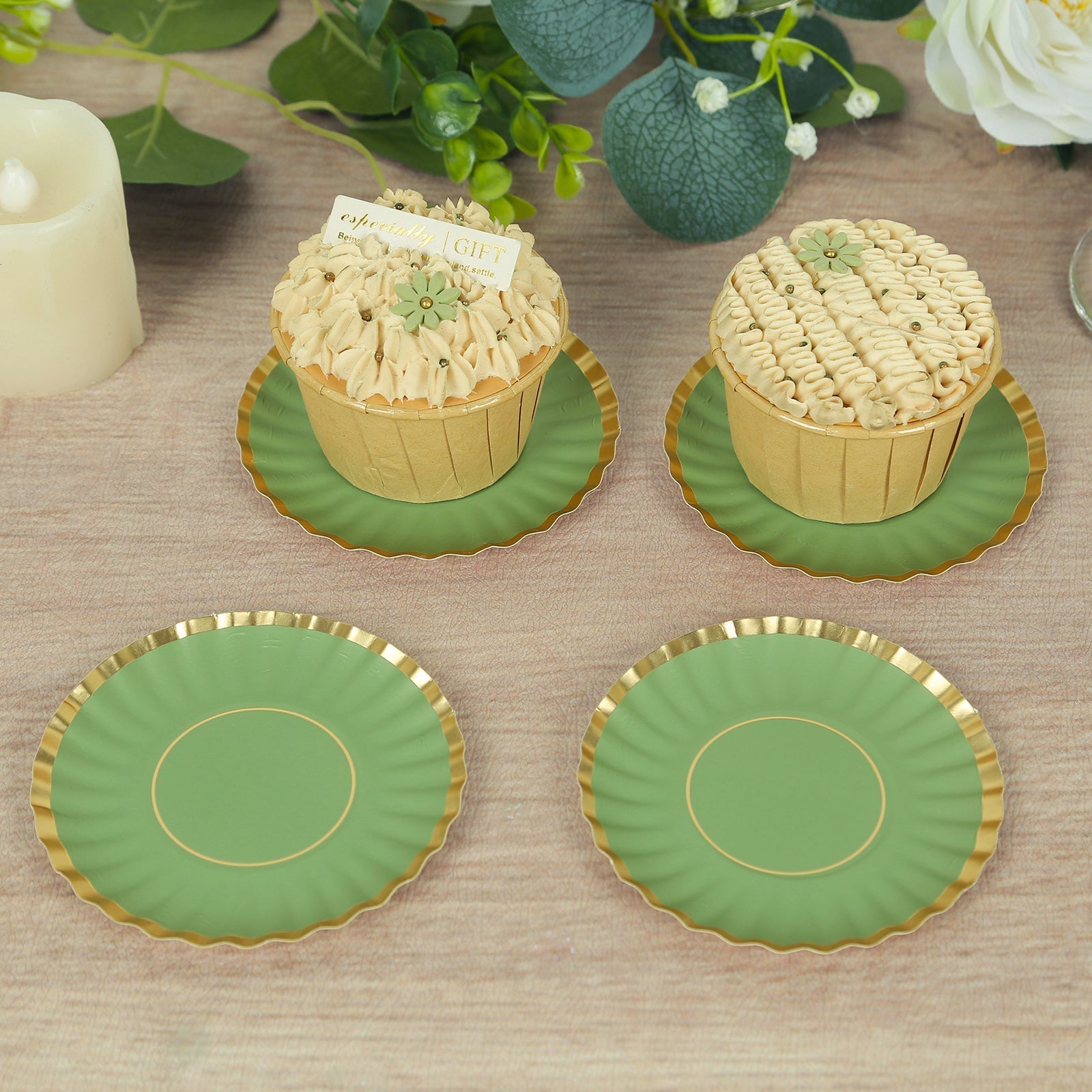 50-Pack Paper 3.5" Round Party Plates in Dusty Sage Green with Gold Scalloped Rim - Disposable Mini 250GSM Dessert Plates for Tapas, Appetizers & Finger Foods