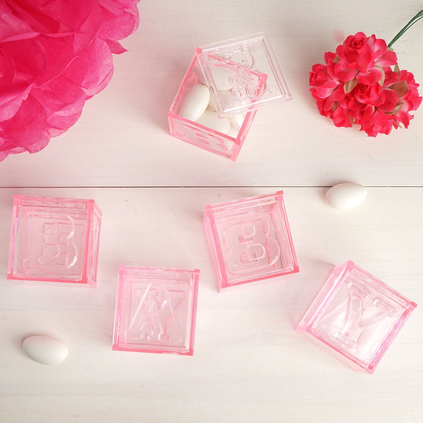 12 Pack 2" Pink Fillable Plastic Baby Shower Candy Gift Boxes, Transparent Baby Blocks Favor Boxes