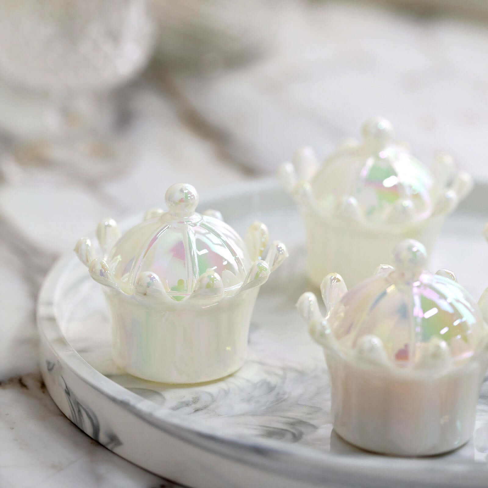 12 Pack 3" White Fillable Mini Crown Treat Favor Boxes, Small Candy Container Gift Boxes With Iridescent Dome Lids