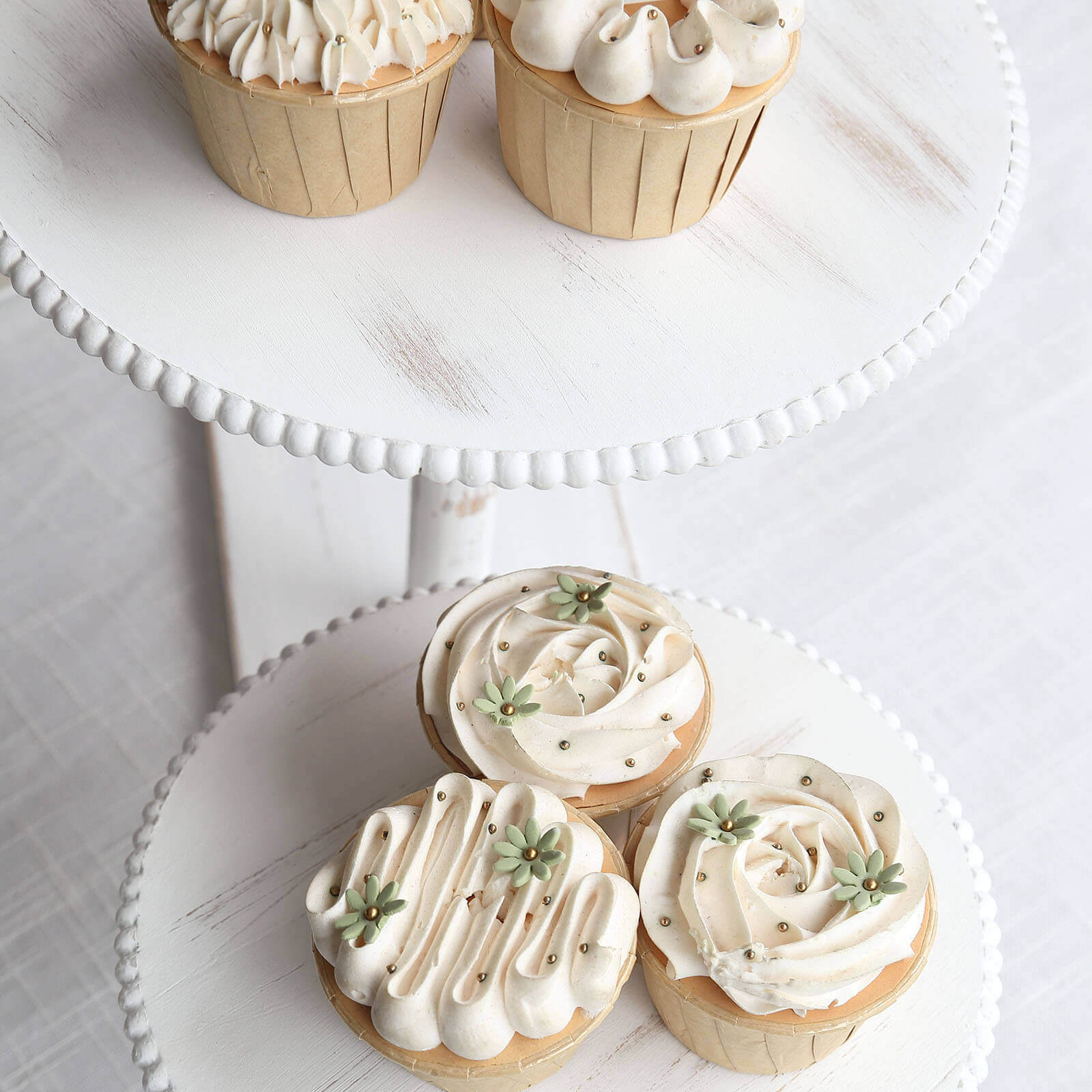 3-Tier Wooden Cake Stand Whitewash with Round Beaded Rim Trays - Rustic Cupcake Tower Dessert Display 24"x16"