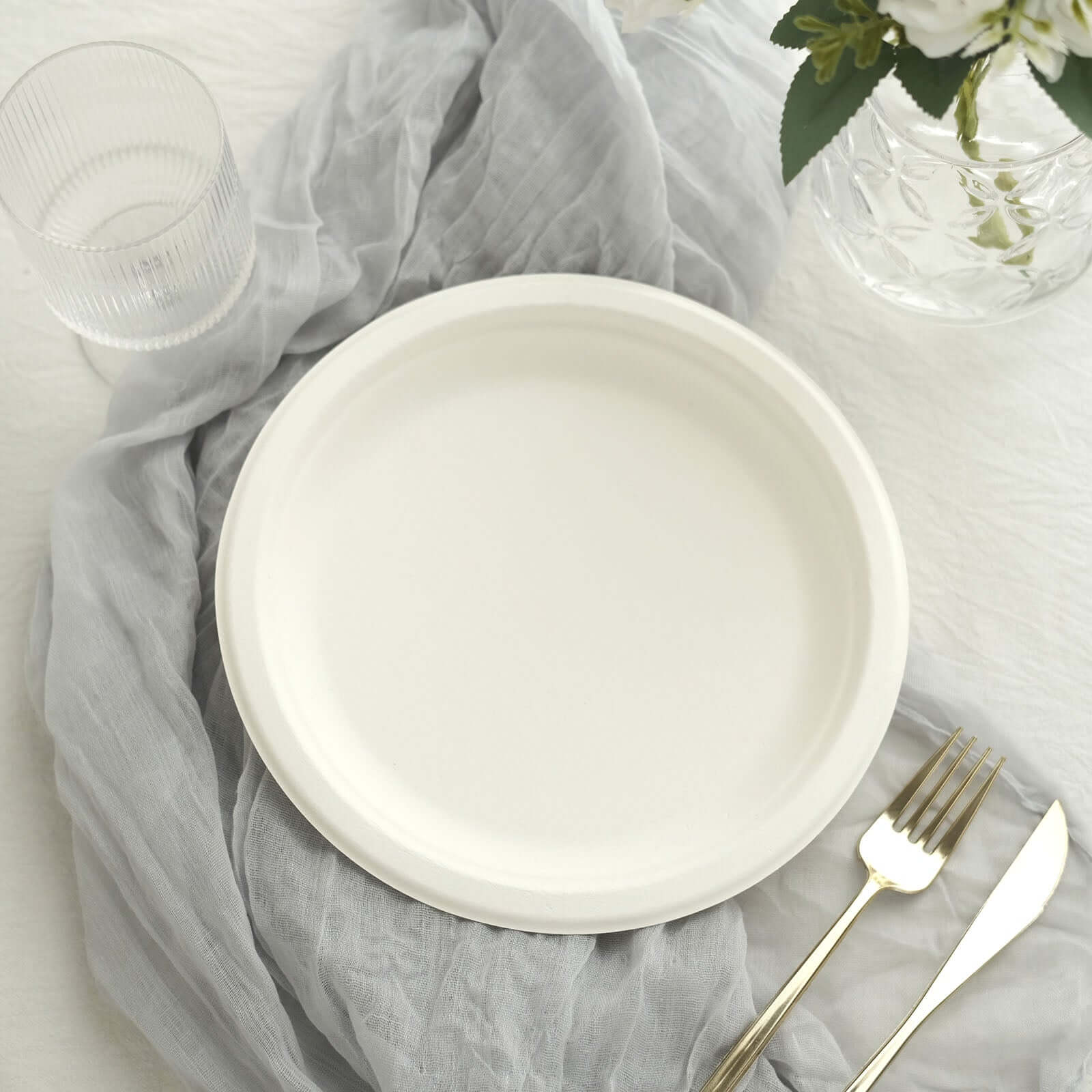 50-Pack Bagasse 9" Round Dinner Plates in White Biodegradable - Biodegradable Disposable Sugarcane Party Plates for Outdoor Celebrations & Picnics