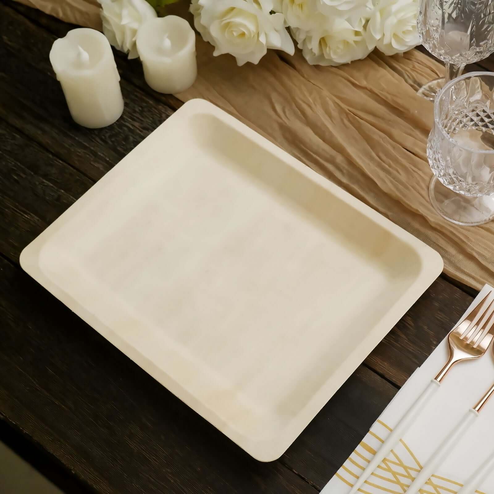 12-Pack Birchwood 8"x10" Rectangle Dinner Plates - Natural Eco Friendly Wooden Disposable Plates for Farmhouse-Style Events, Parties & Gatherings