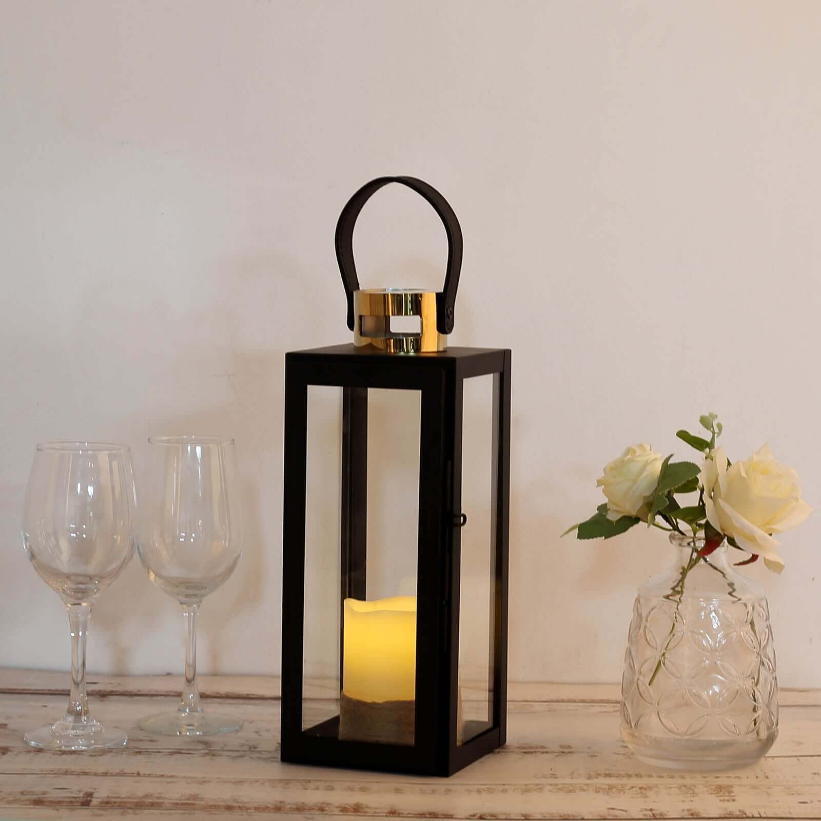 14" Black and Gold Top Stainless Steel Candle Lantern Centerpiece Outdoor Metal Patio Lantern