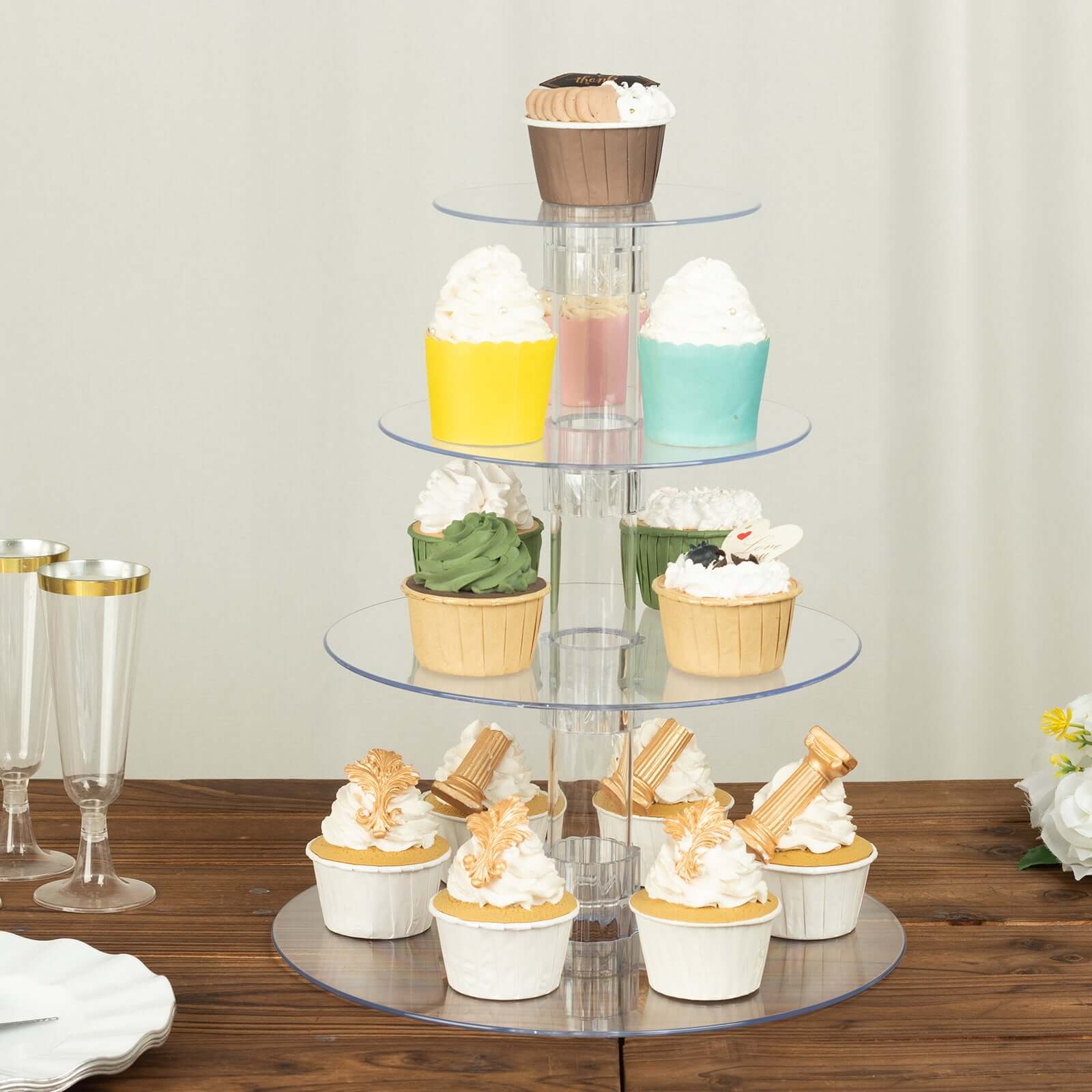 4-Tier Acrylic Round Cupcake Stand Clear - Heavy Duty Easy To Assemble Dessert Tower Holder Pastry Display with Film Sheets for Modern Minimalist Buffet Party Tables 14"