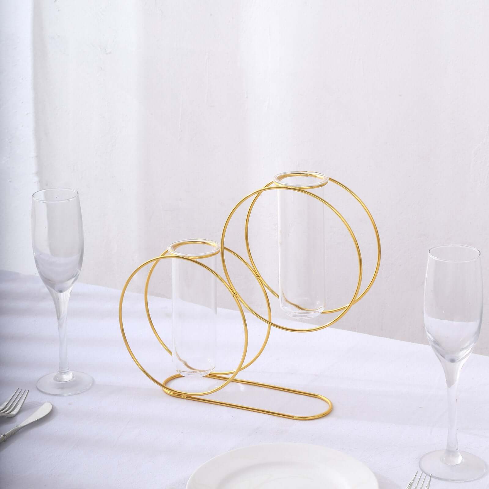 2 Pack 10" Gold Metal Geometric Floating Glass Vase Centerpiece, Nordic Style Double Ring Test Tube Flower Vase