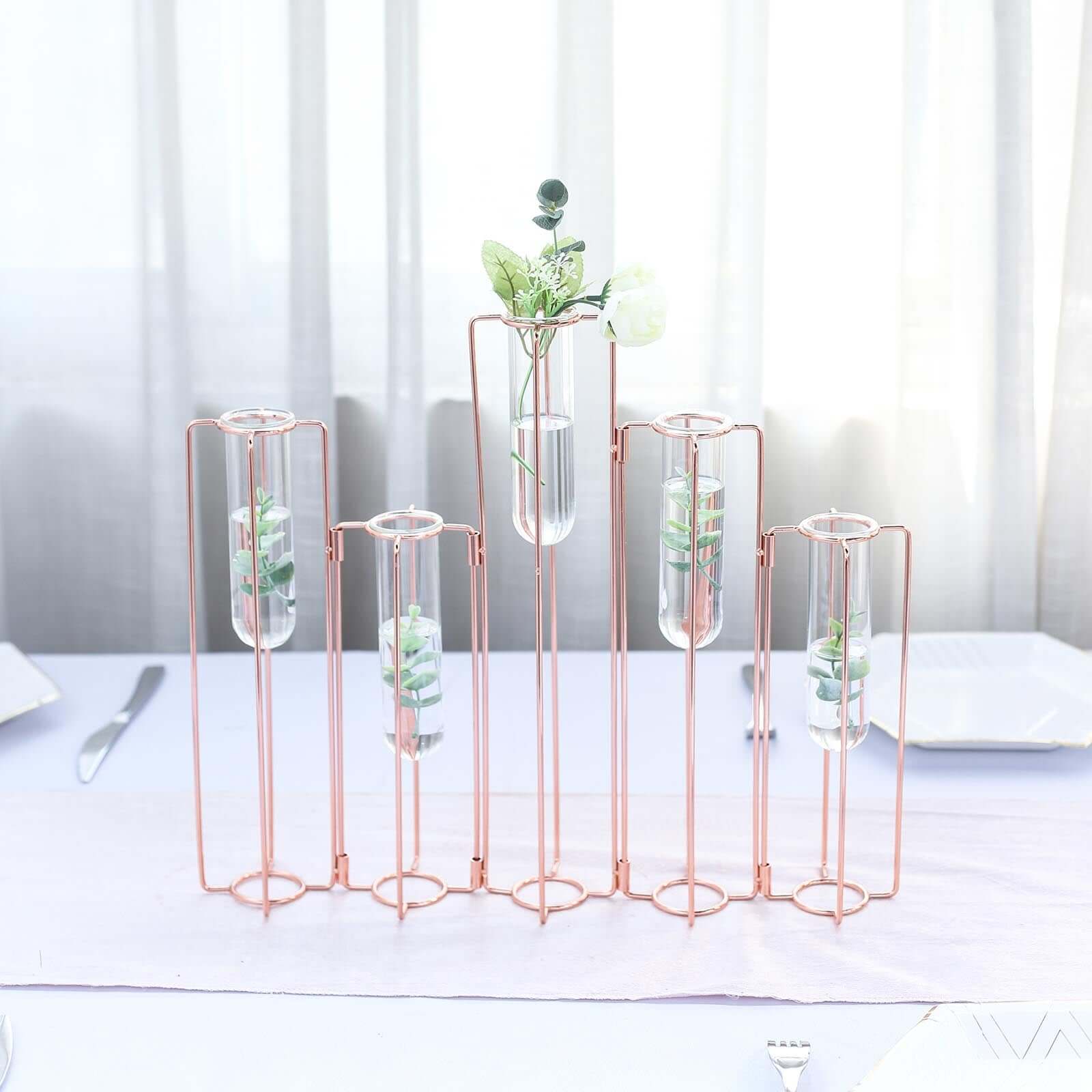 Set of 5 Wedding Centerpieces Rose Gold Frame Conjoined Geometric Design - Test Tube Hydroponic Vases 15"