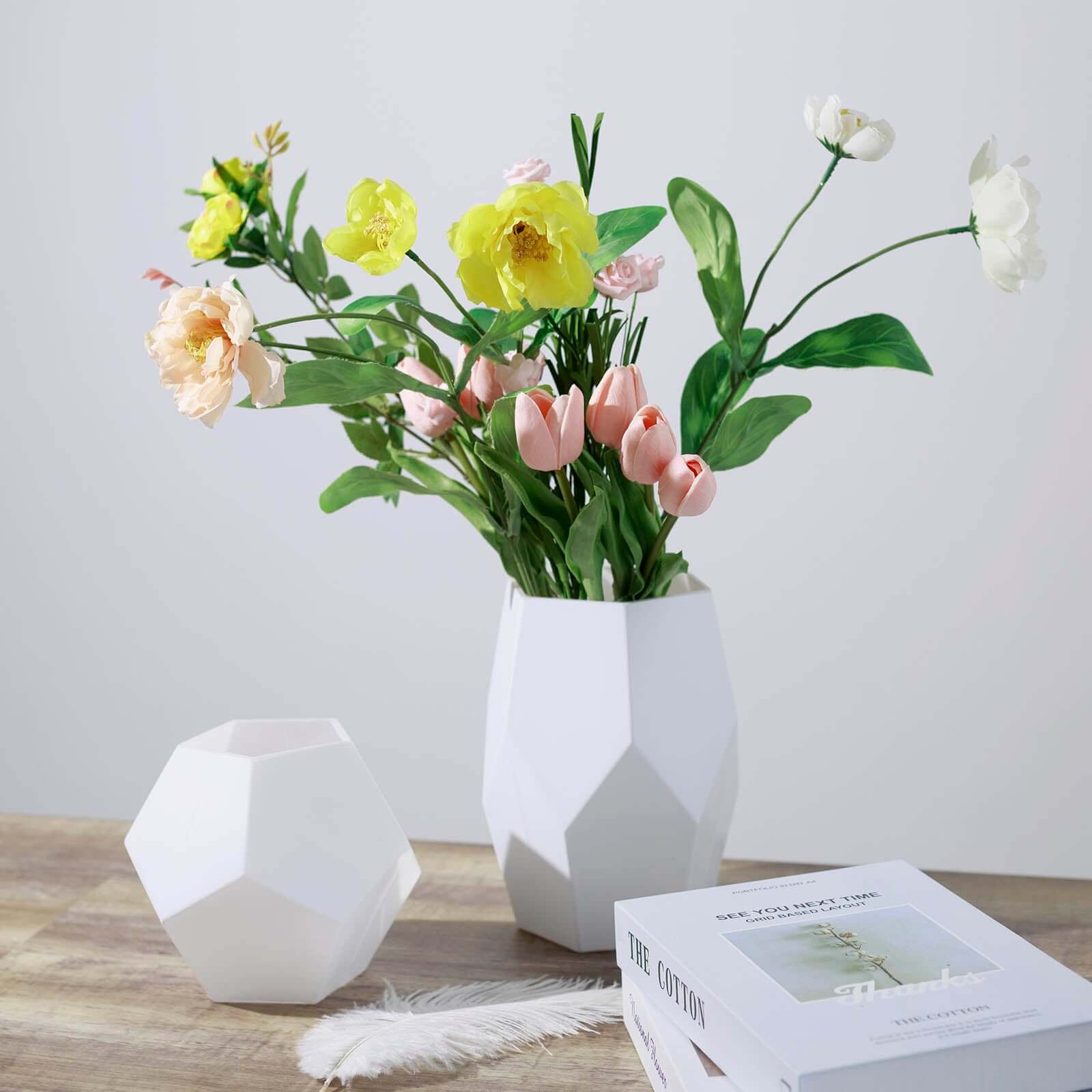 Set of 2 Glass Flower Vases Geometric Design Matte White - Stylish Modern Candle Holder Centerpieces 5", 8"