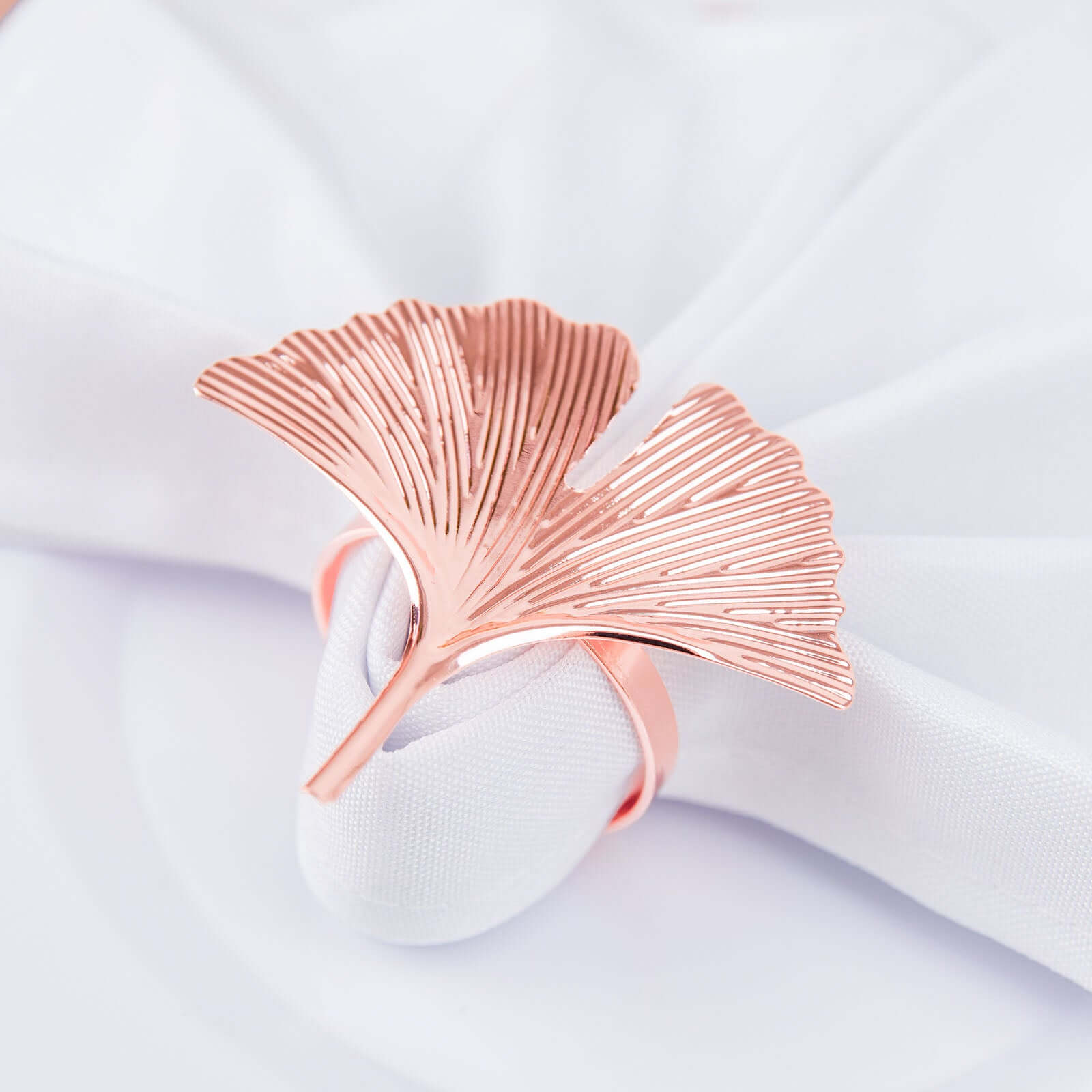 4 Pack Metallic Rose Gold Ginkgo Leaf Napkin Rings, Ornate Design Linen Napkin Holders
