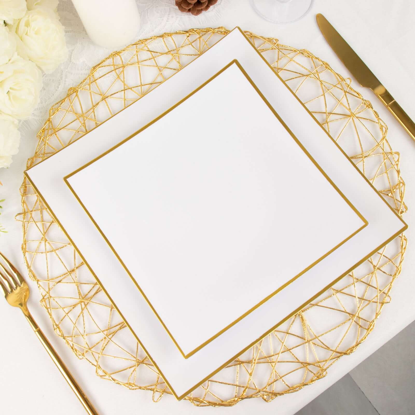 10-Pack Plastic 8" Square Dessert Plates in White Concave Style with Gold Rim - Modern Disposable Salad Appetizer Party Plates for Weddings & Special Events