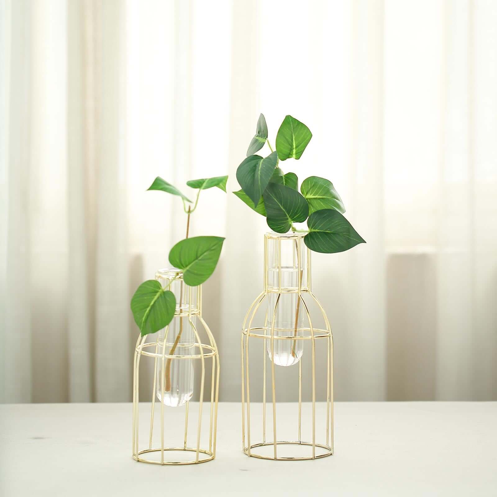 Set of 2 Wedding Centerpieces Gold Metal Frame Bottle Shaped Design - Geometric Glass Bud Vases 8",10"