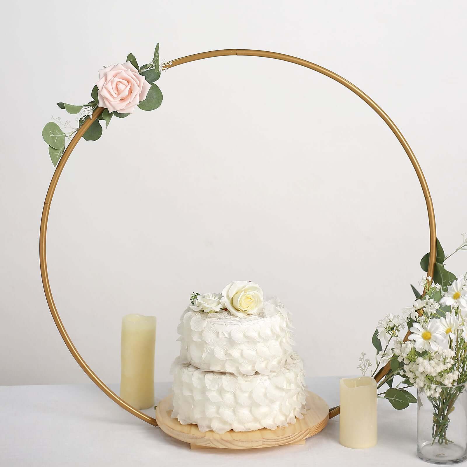Metal Round Floral Hoop Cake Stand Gold - Chic Geometric Dessert Display DIY Centerpiece Table Decoration With Wooden Base 33"