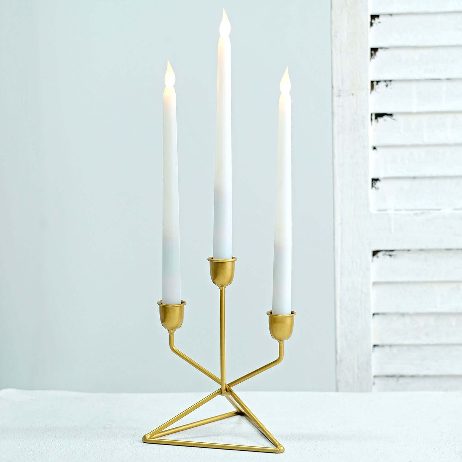 2-Pack Triangle Base Geometric Taper Candelabra 3 Arm Candle Holder Design Gold Metal - Decorative Centerpiece 7"