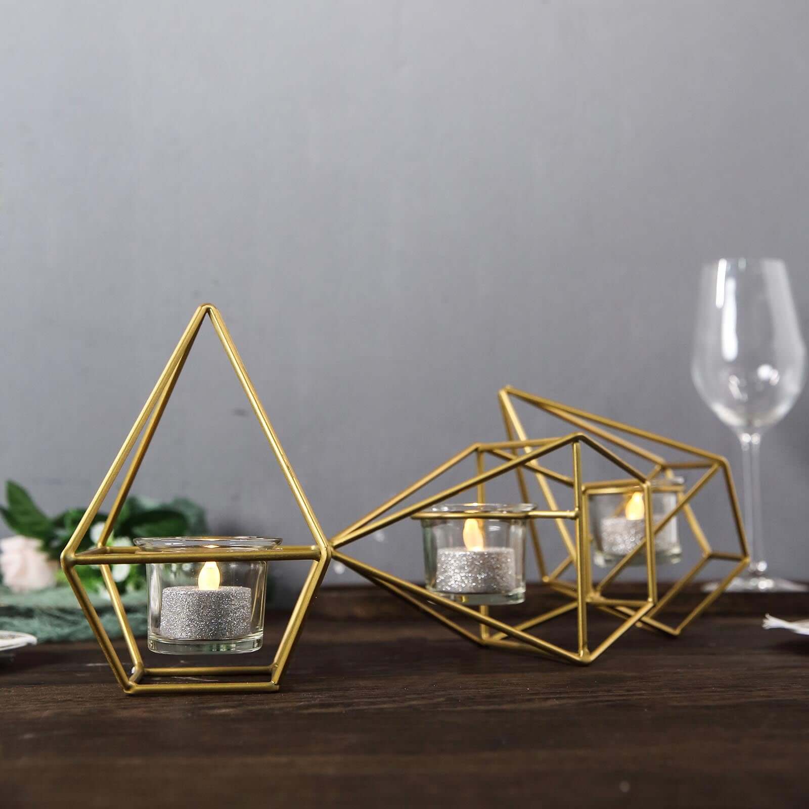 Set of Metal Candle Holders Linked Geometric Design Gold - Modern Votive Glass Decor for Tables & Gatherings 16"