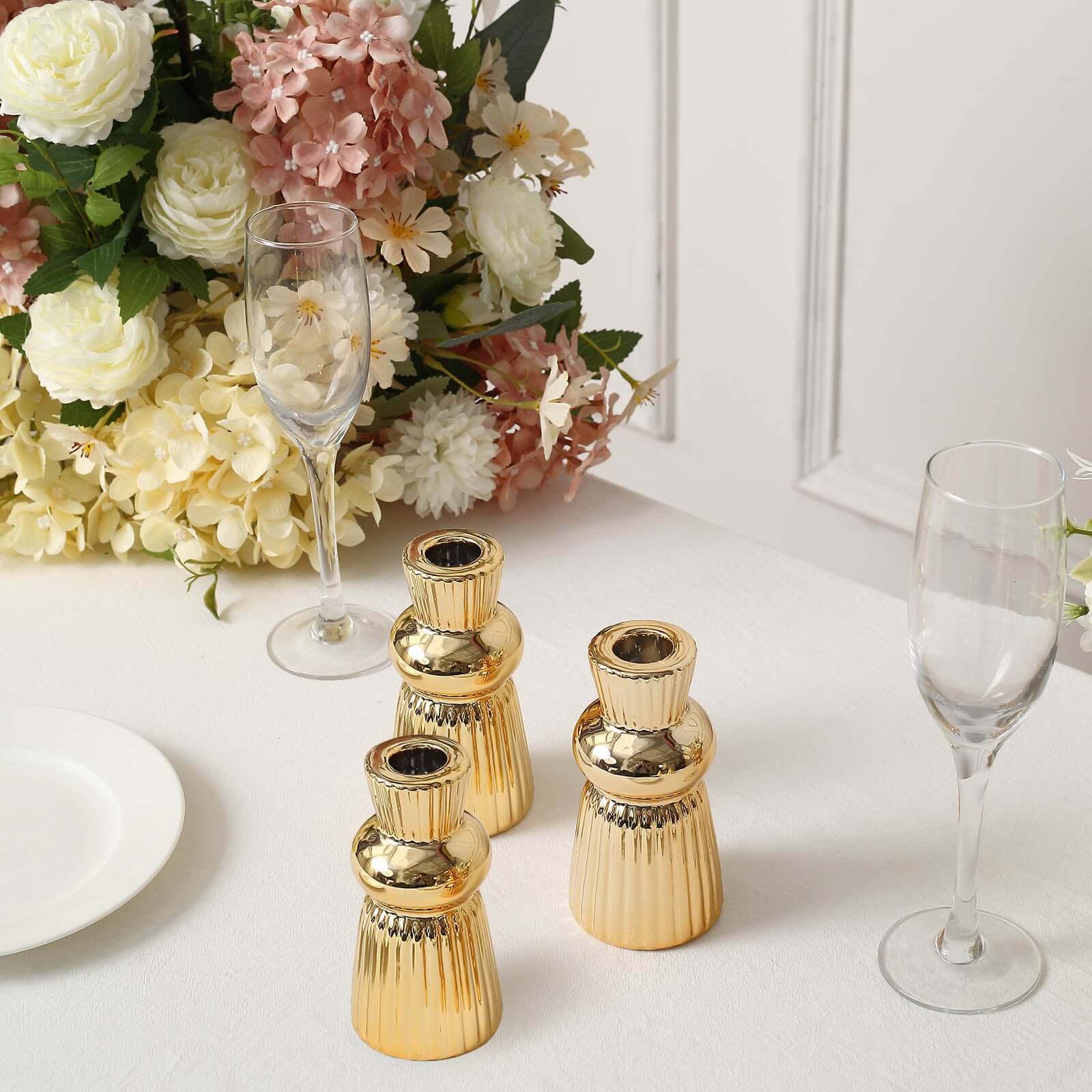 3-Pack Ceramic Taper Candle Holders Fluted Ball Neck Design Metallic Gold - Ribbed Candlestick Stands 5"